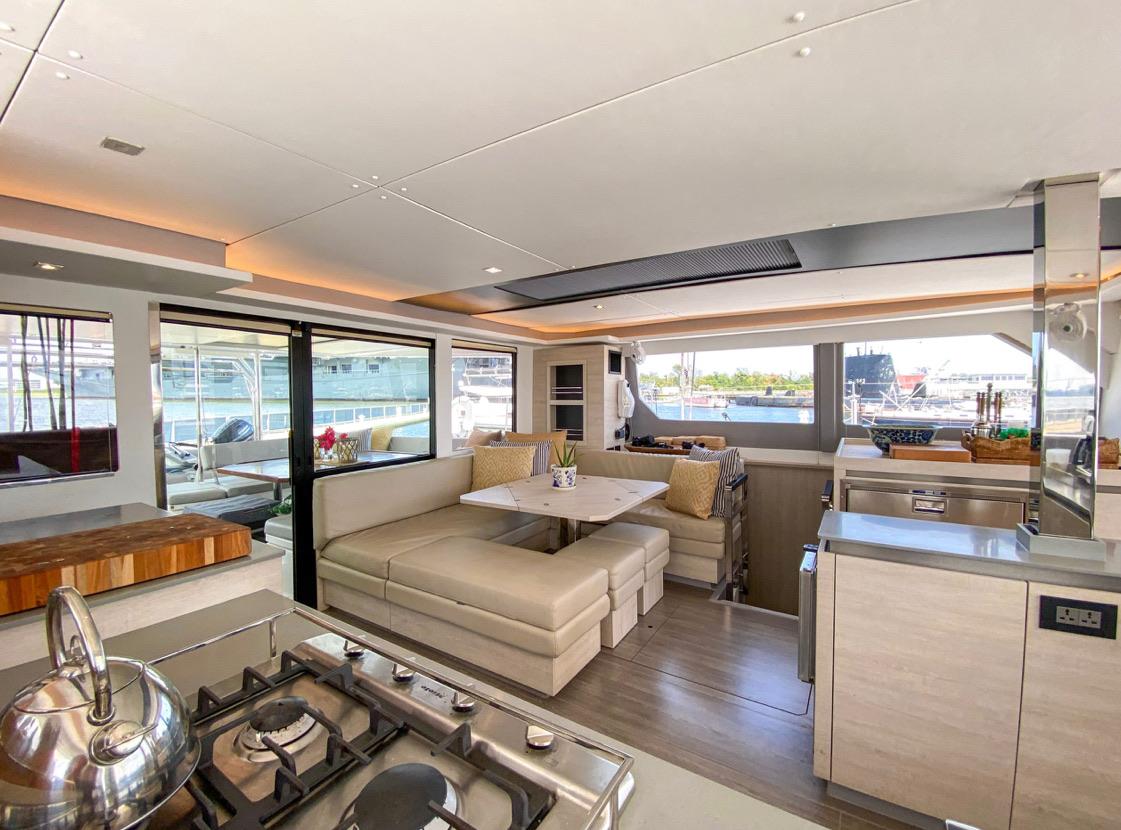 Interior of a modern Leopard 50 yacht, year 2020.