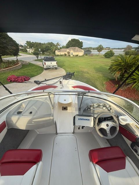 Interior view of a 2012 Bayliner 184 SF boat on a trailer.