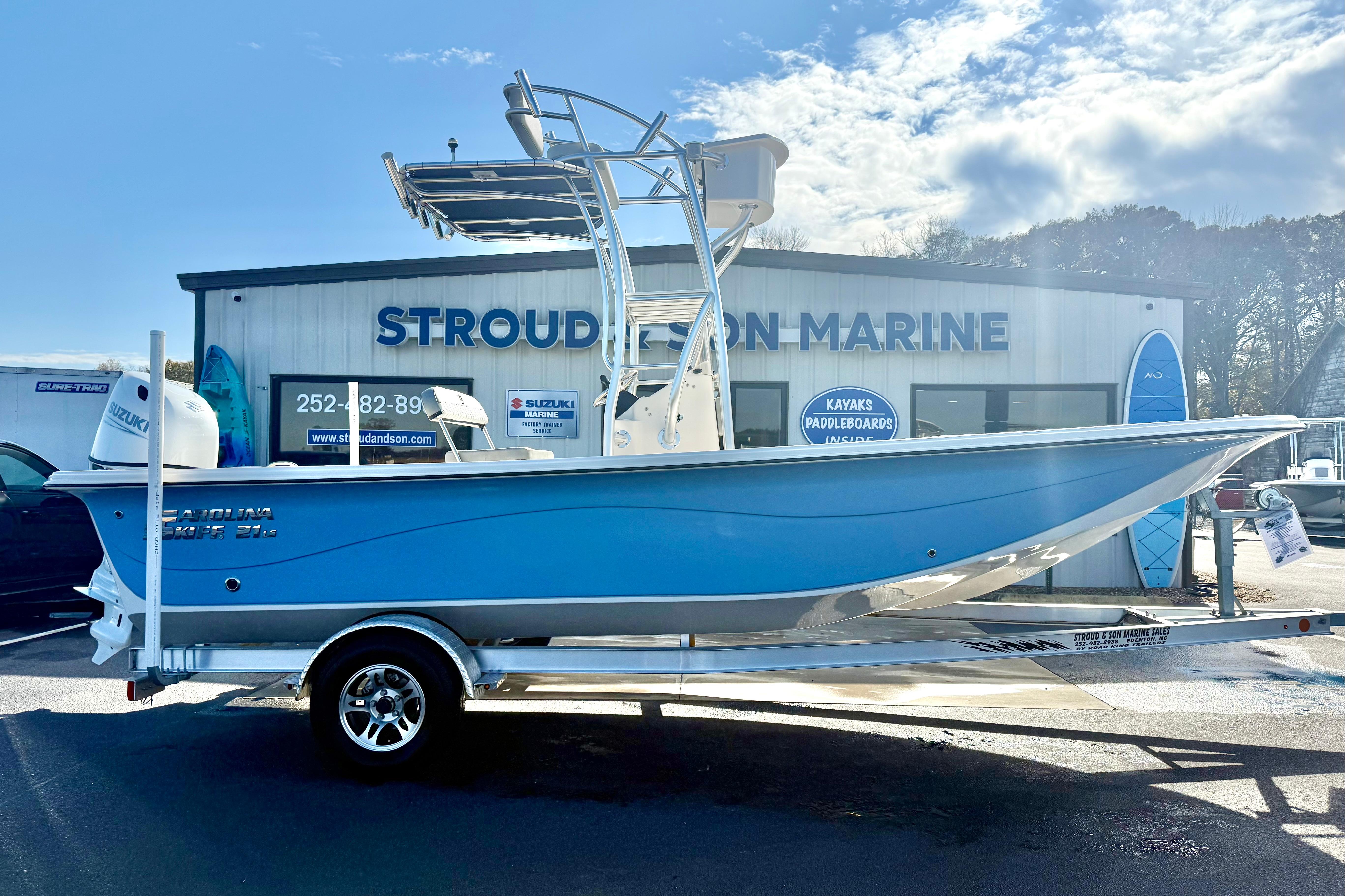2025 Carolina Skiff 21 LS boat displayed at Stroud Son Marine dealership.