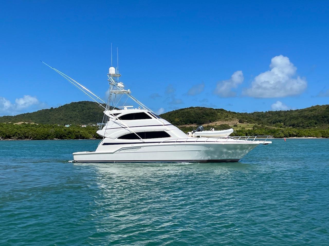 2004 Bertram 670 yacht on clear blue water with scenic hills in the background.