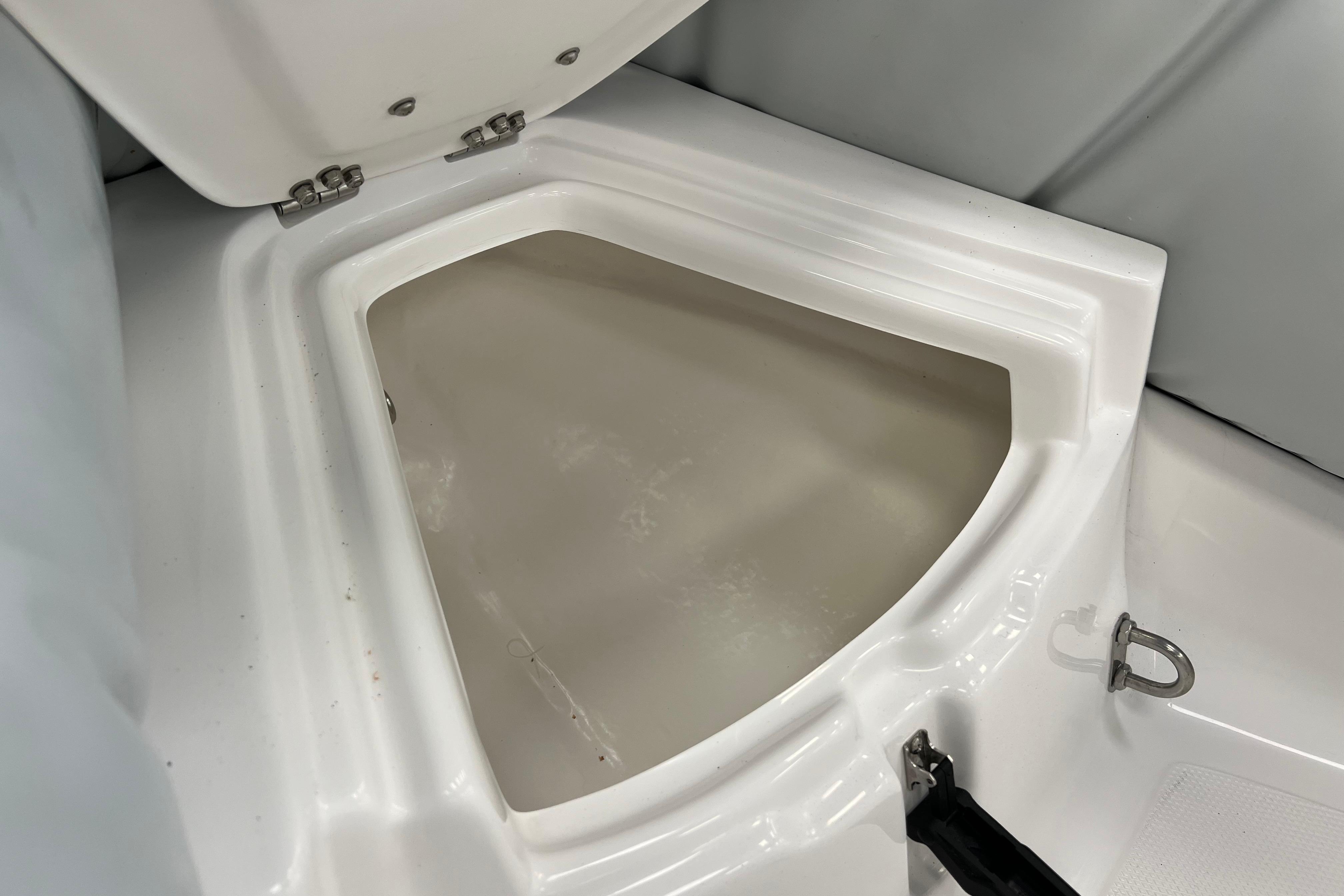 2023 AB Inflatables Mares 12 VSX storage compartment, open and empty.
