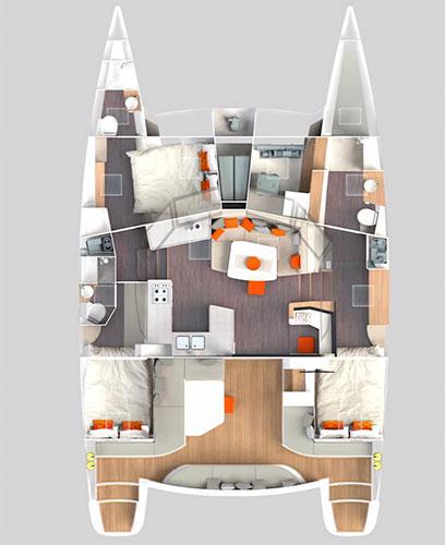 Floor plan of Vision 444 catamaran, 2026 model, featuring spacious cabins and modern amenities.