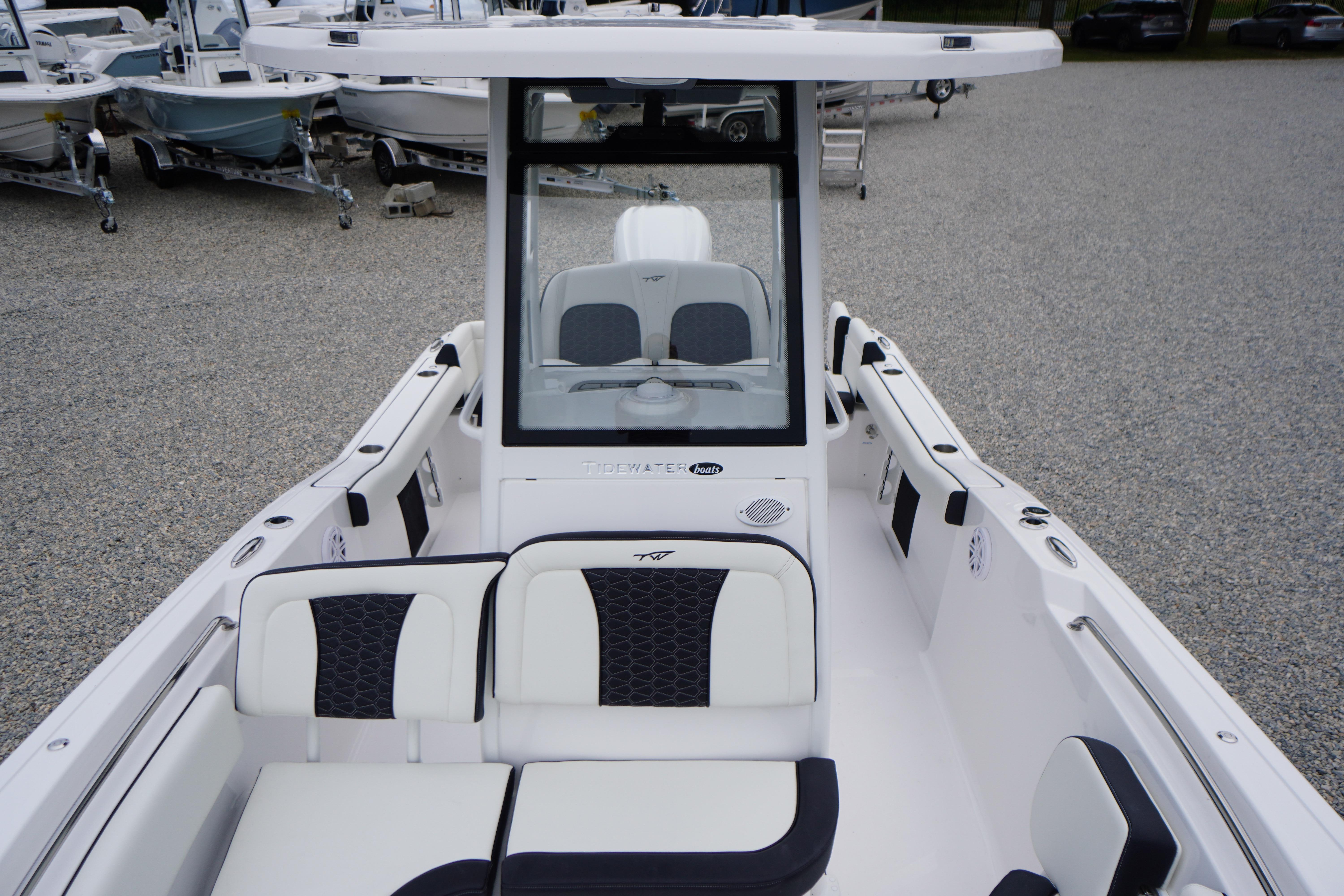 2026 Tidewater 232 SS boat interior with sleek seating and modern design.
