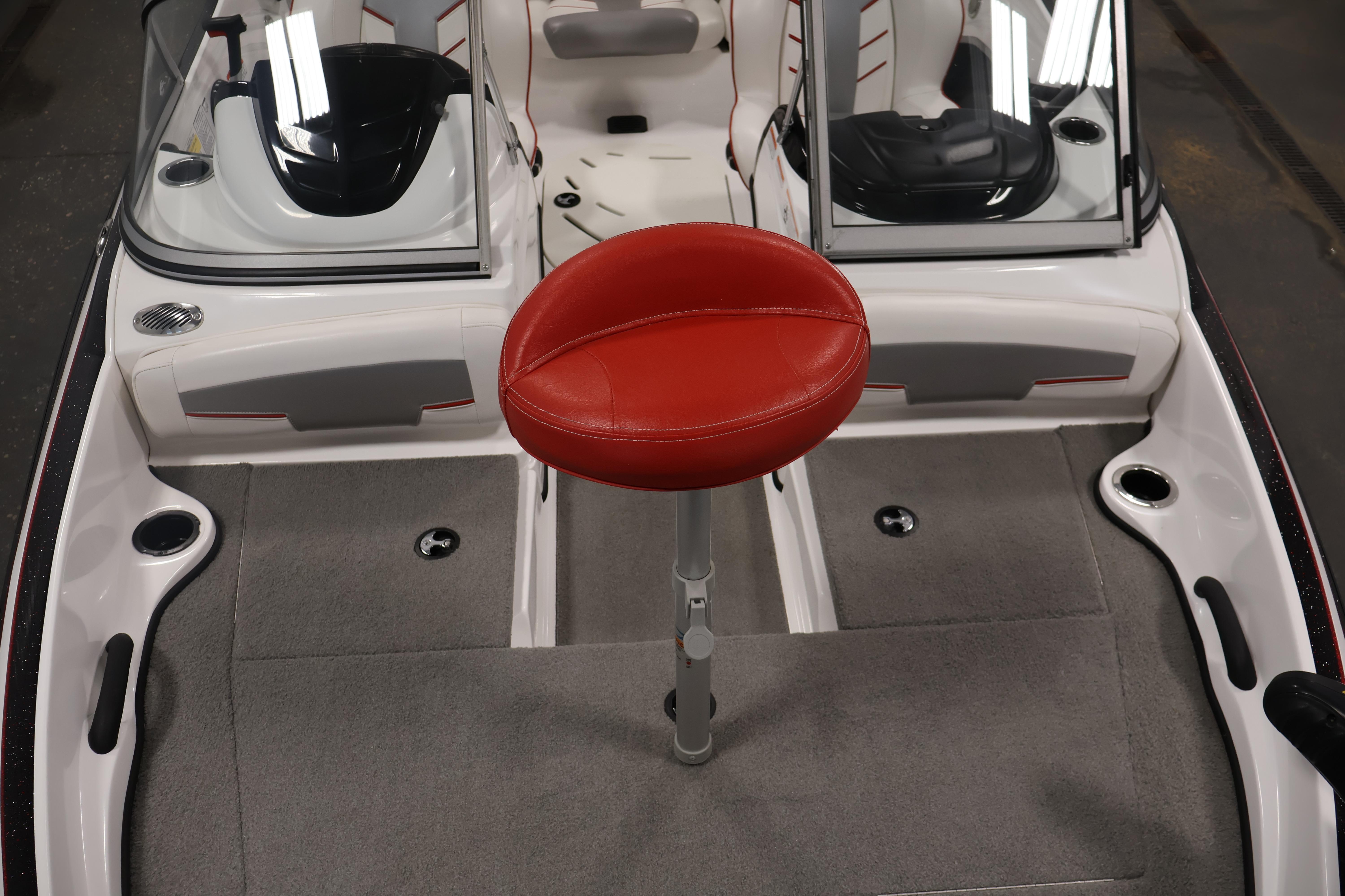 2019 Nitro Z19 Sport boat interior with red seat and dual consoles.