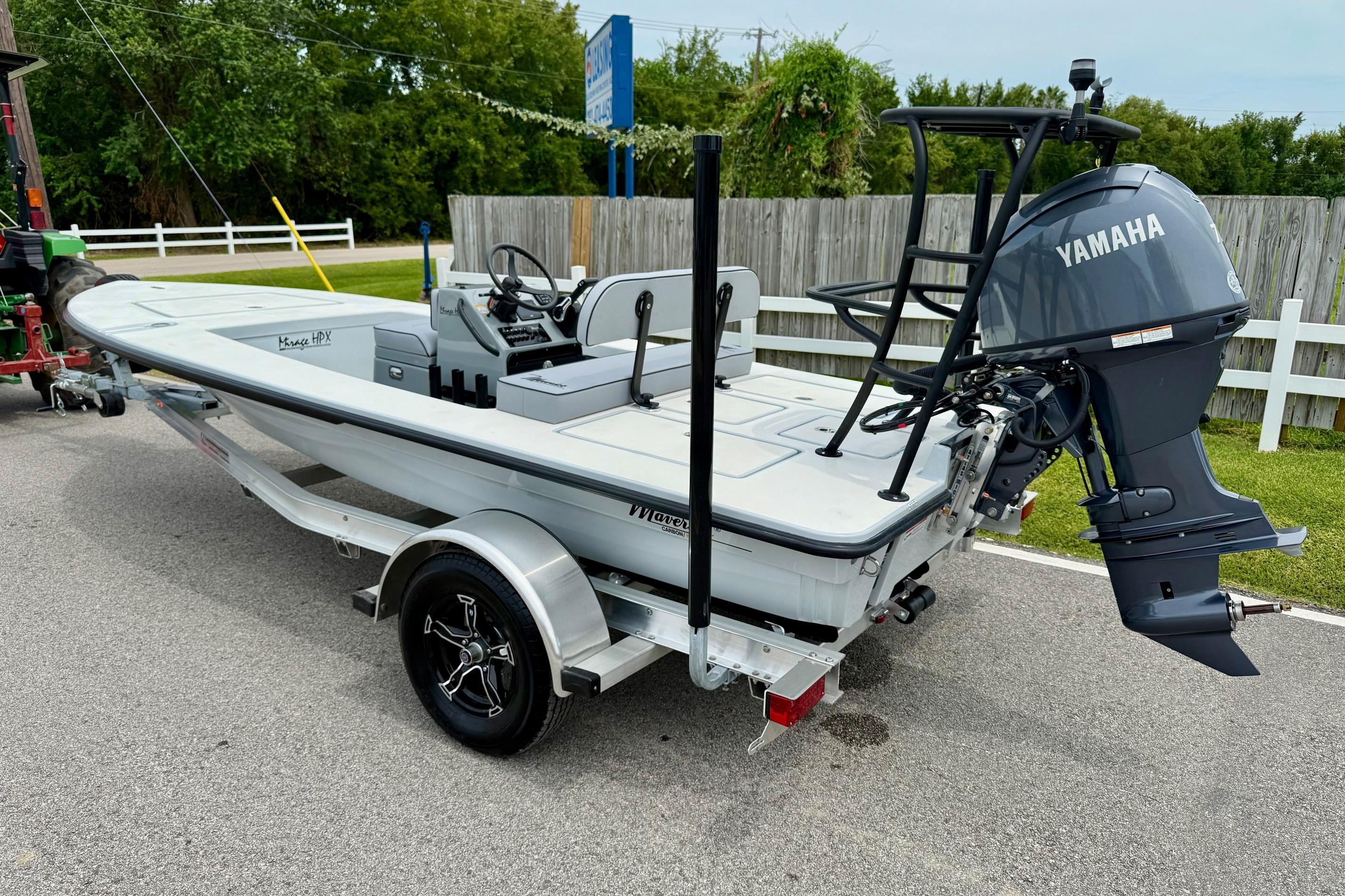 2026 Maverick 17 HPX-S boat with Yamaha outboard motor on a trailer.