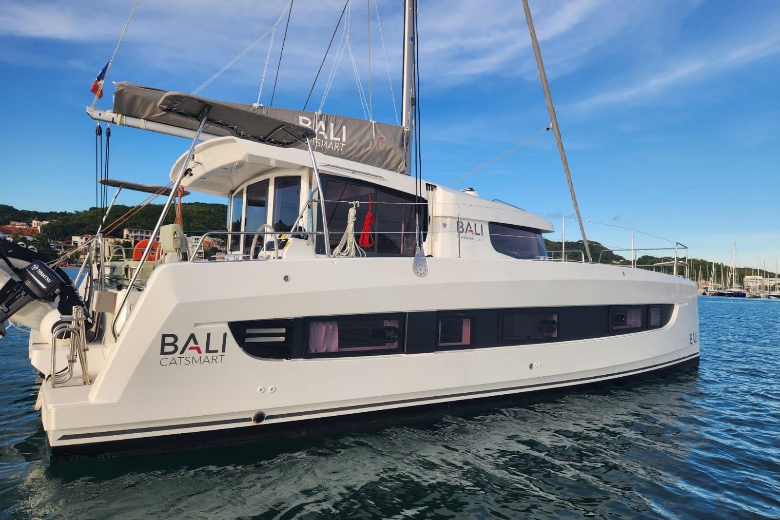 2025 Bali CATSMART catamaran on water, featuring sleek design and modern amenities.