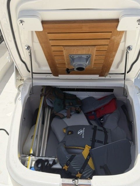 Storage compartment in Boston Whaler 330 Outrage boat, 2023 model.