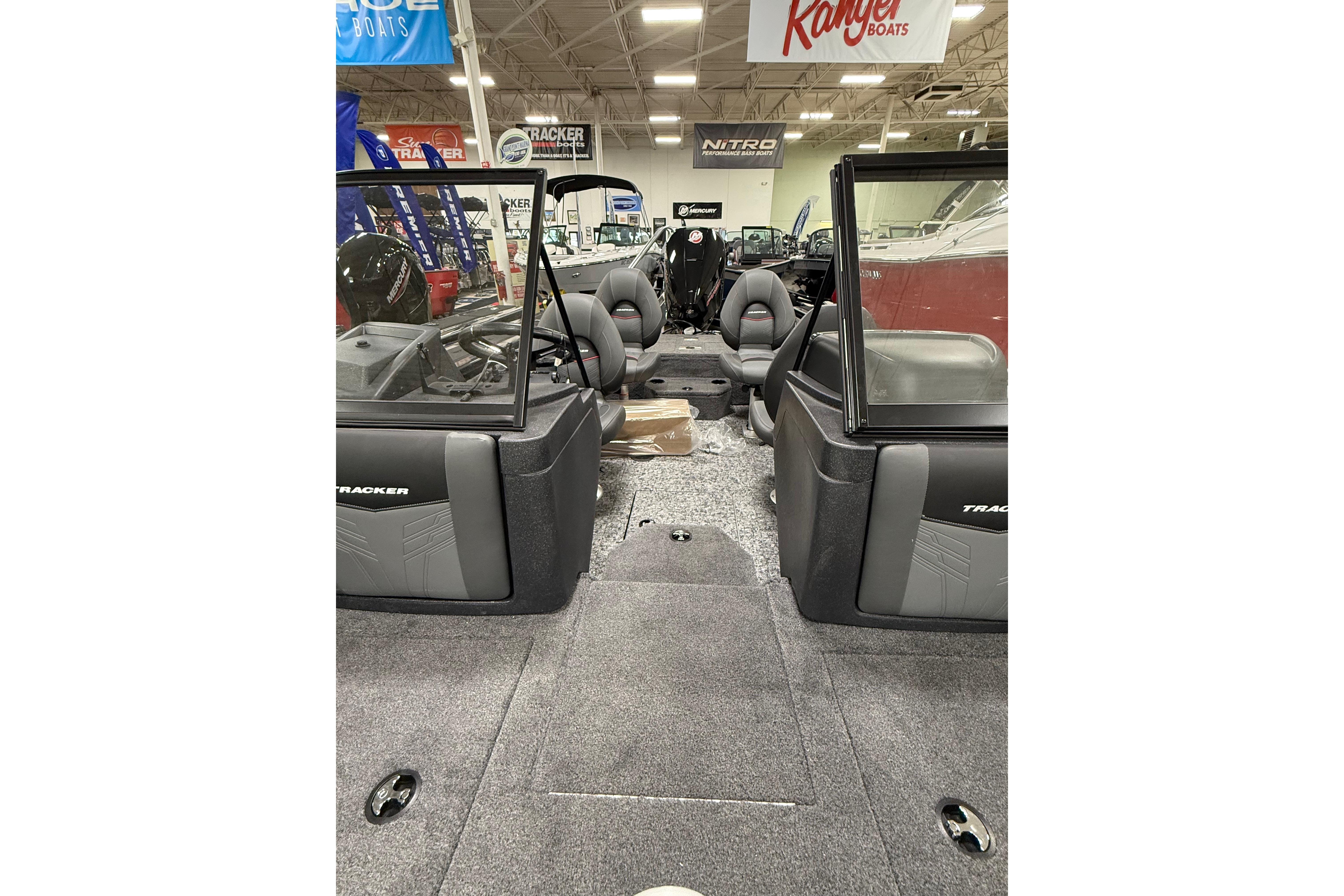 2026 Tracker Targa V-19 WT boat interior with seating and dashboard view.