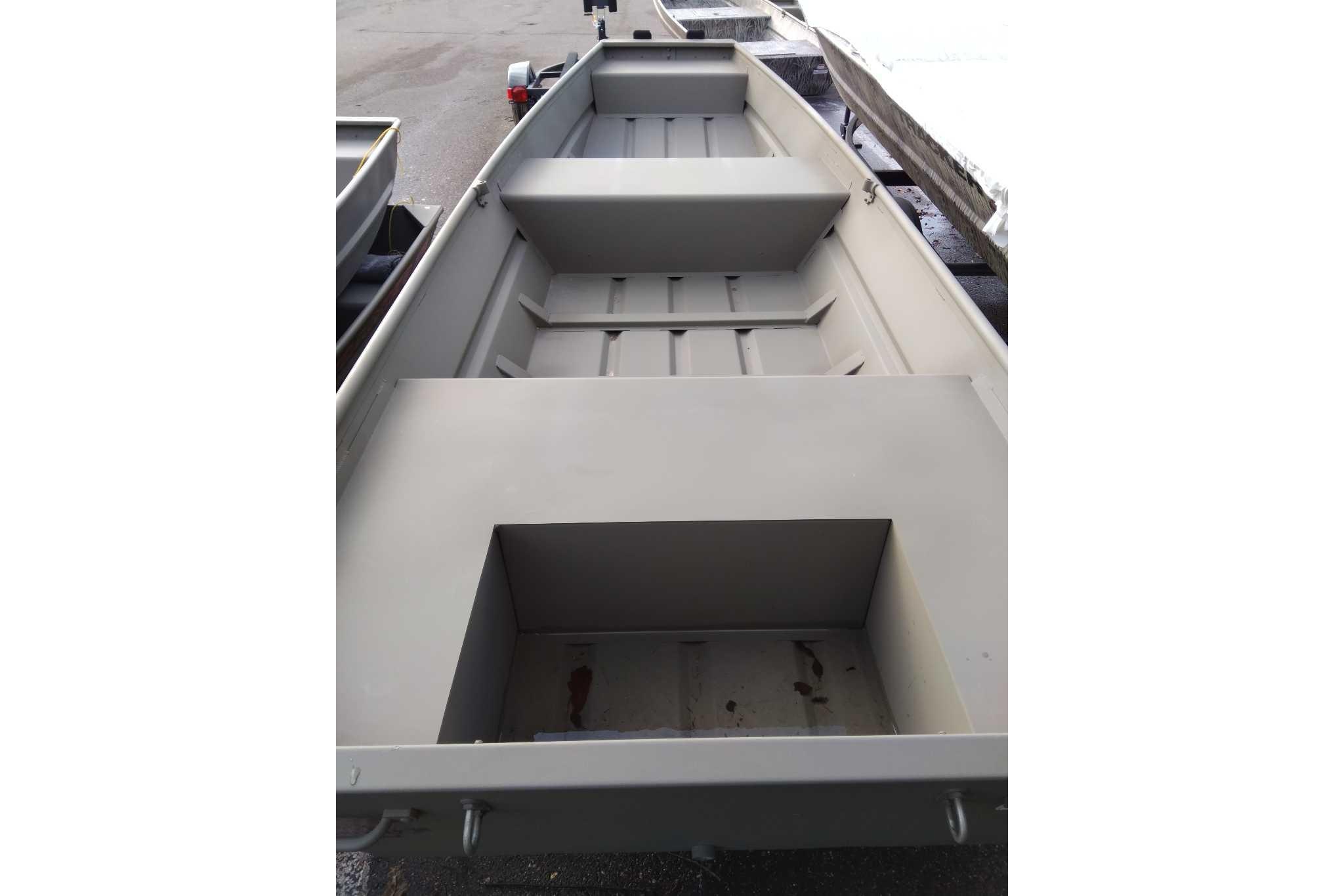 2026 Tracker Grizzly 14 Jon boat interior, showcasing spacious seating and storage.