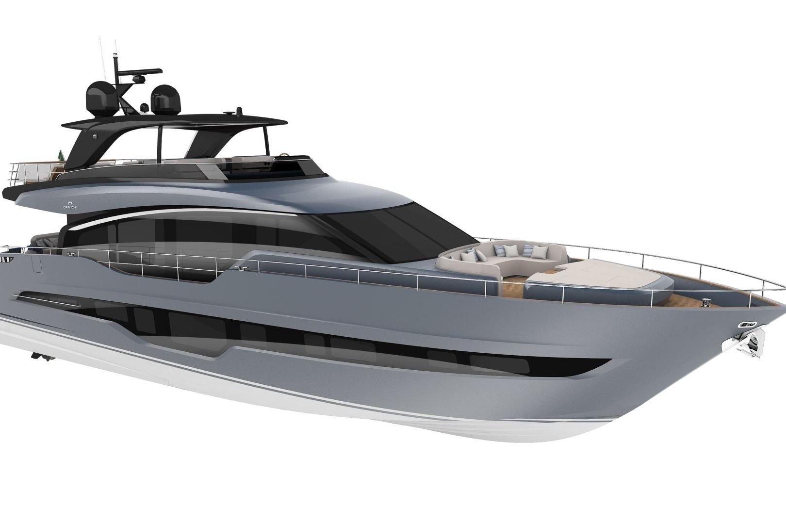 2026 Cranchi Settantotto 78 luxury yacht with sleek design and spacious deck.