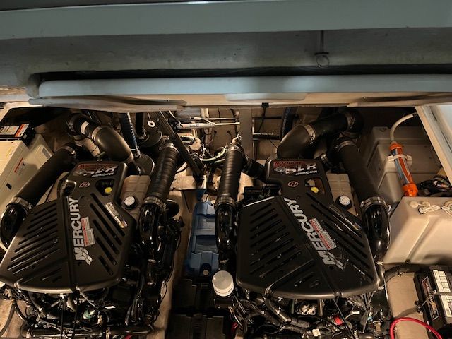 Engine room of a 2005 Sea Ray Sundancer with Mercury engines.