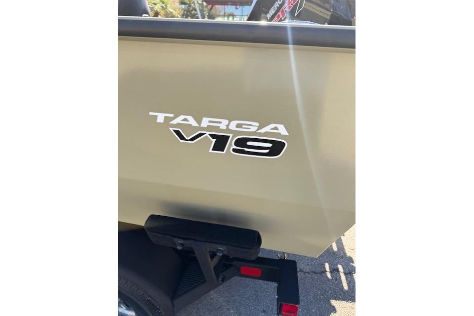 2026 Tracker Targa V-19 WT boat side view with model branding.
