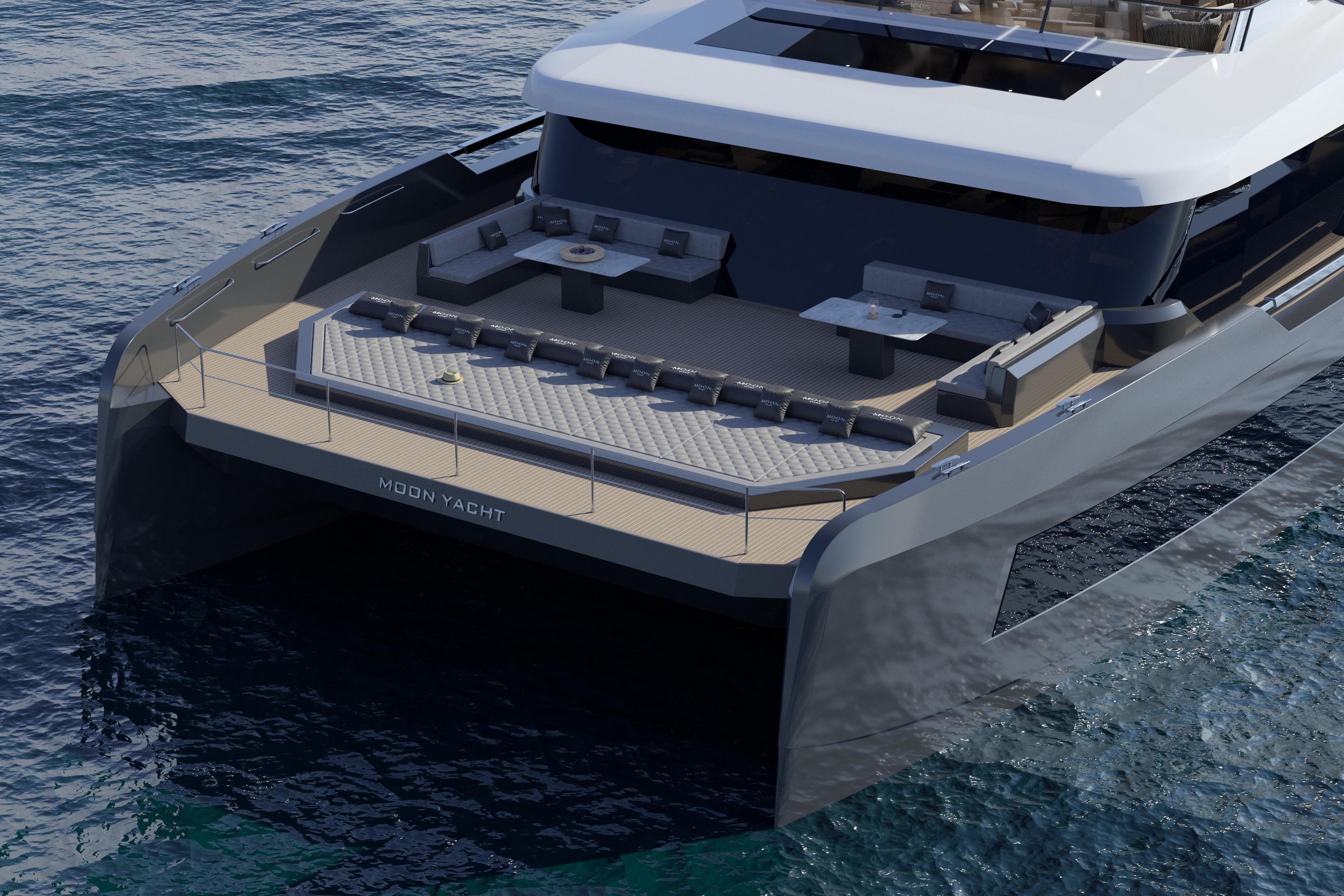 Luxurious Moon 9ty yacht, 2027 model, featuring spacious deck and modern design on the water.