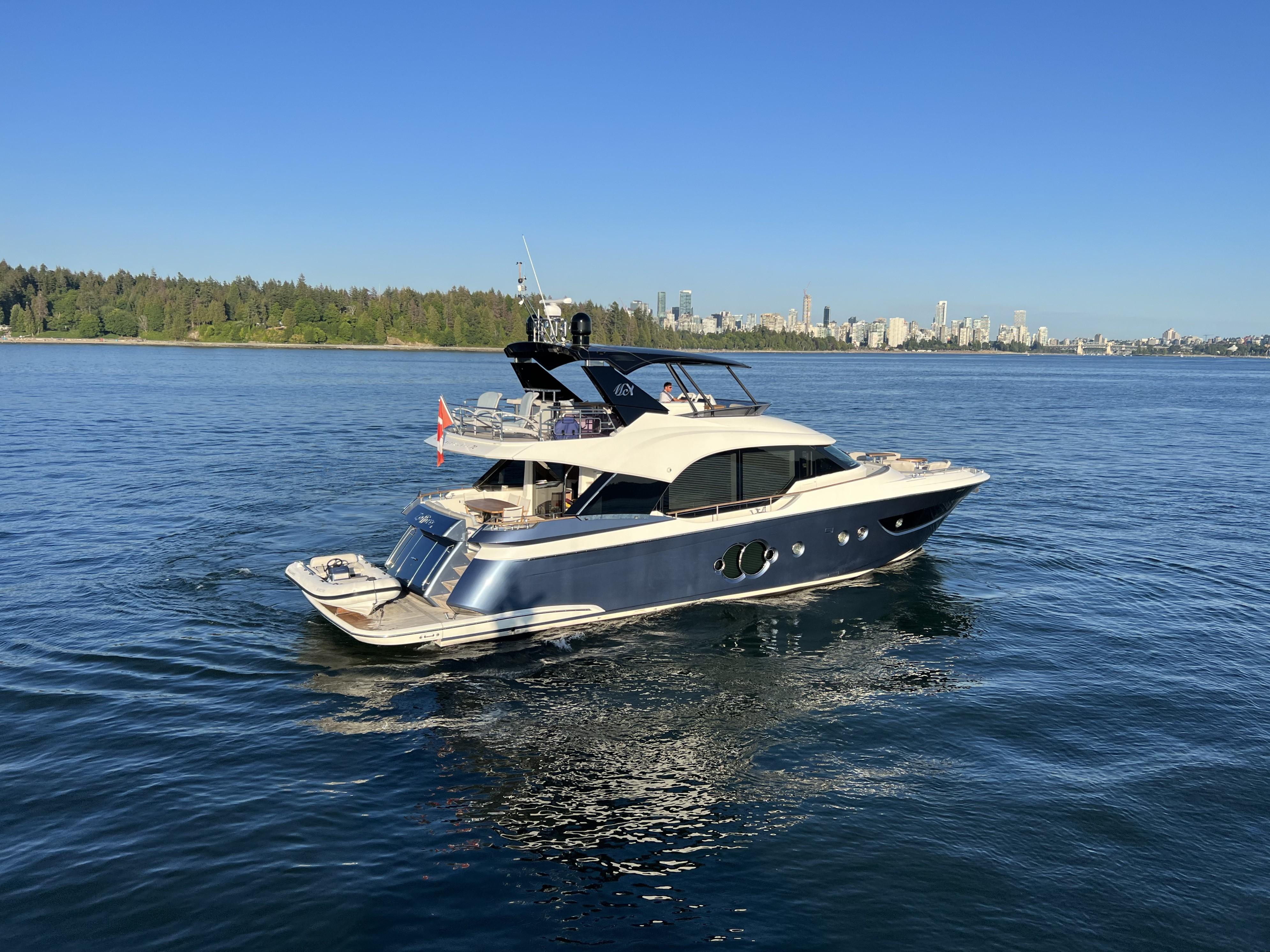 Luxury Monte Carlo Yachts MCY 70 cruising on serene waters, 2020 model.