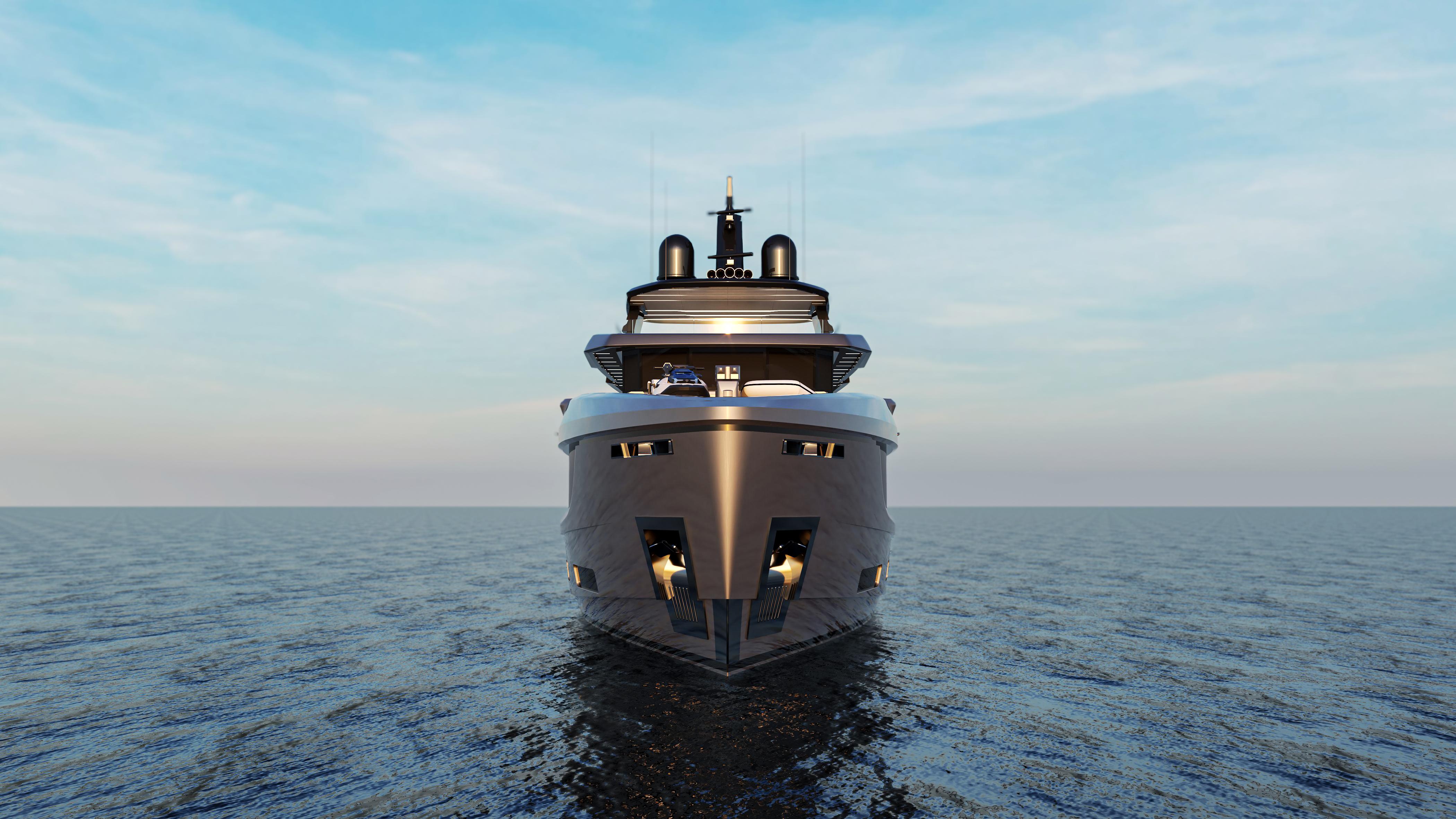 Front view of NOA 46 yacht, 2025 model, on calm ocean waters.