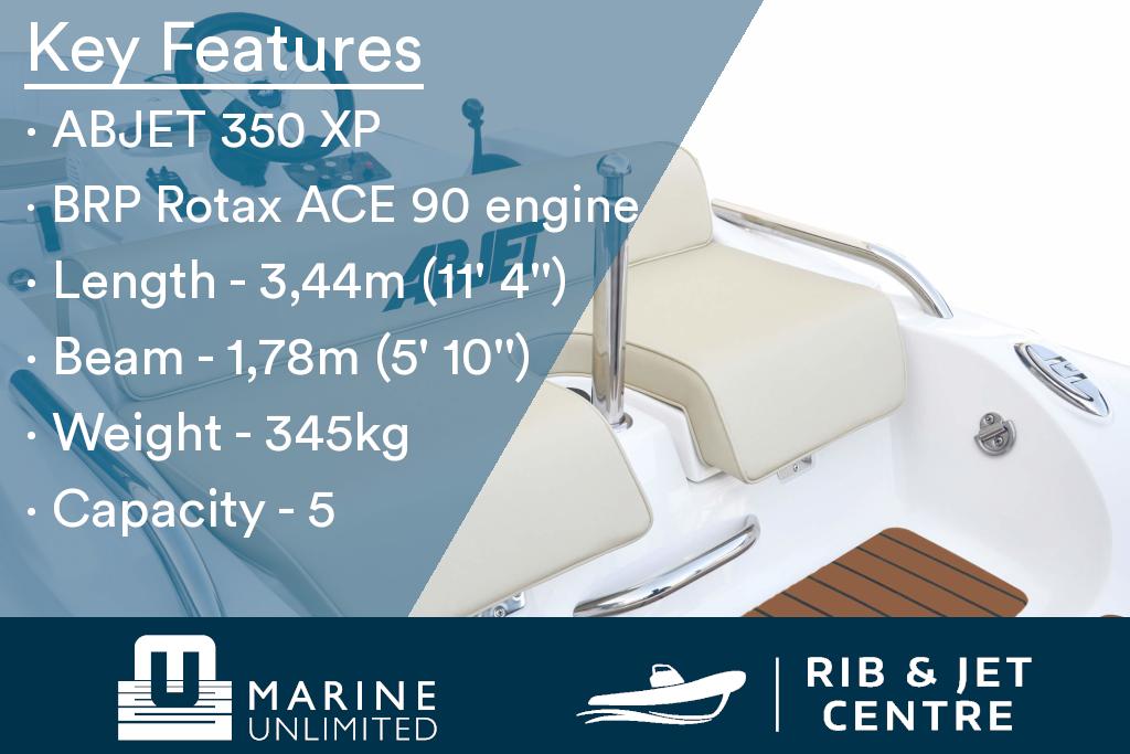 AB Inflatables ABJET 350XP 2023 features: Rotax engine, 3.44m length, 1.78m beam, 345kg weight.