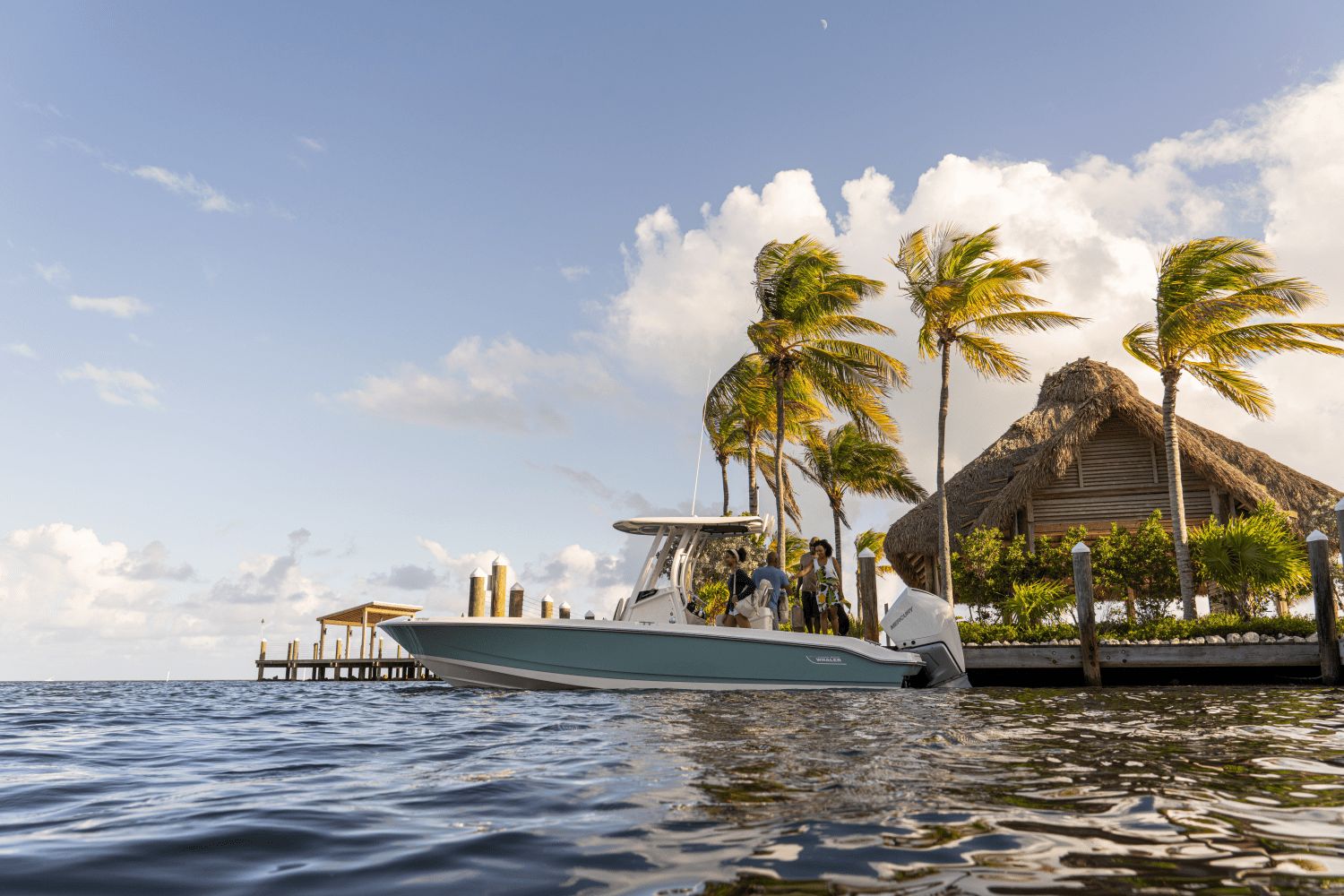 A Boston Whaler 25DA boat on the water next to palm trees and a thatched-roof building.