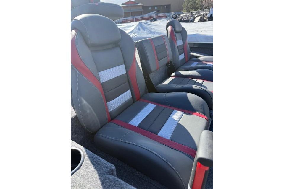 2026 Ranger RT198P boat seats with gray, red, and white accents, showcasing modern design.