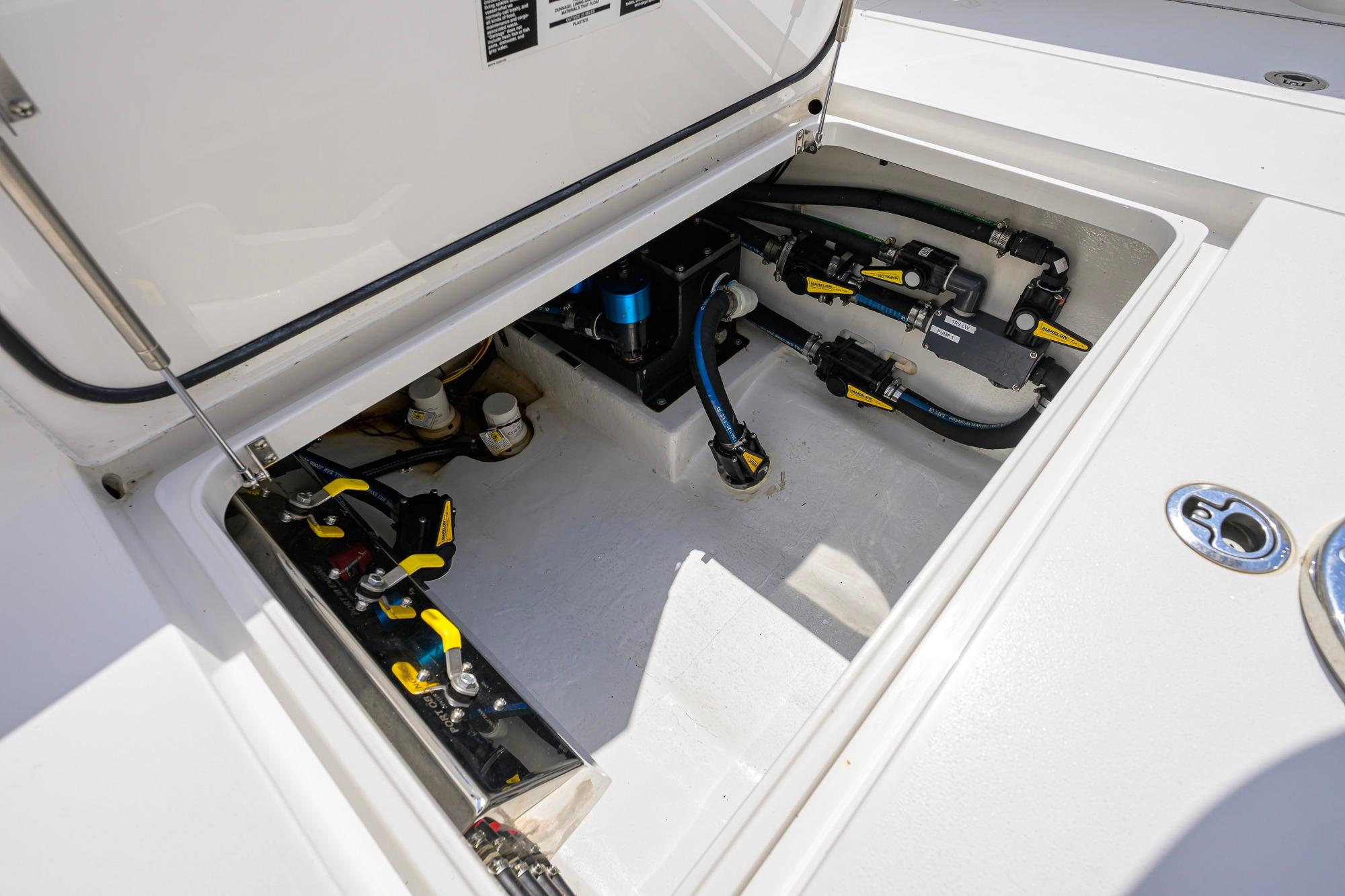 2020 Valhalla Boatworks V-41 engine compartment with visible wiring and components.
