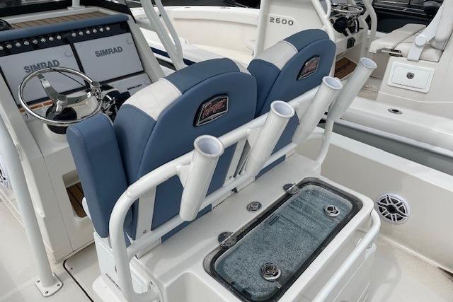 2025 Ranger 2360 Bay boat interior with dual seats, rod holders, and Simrad electronics.