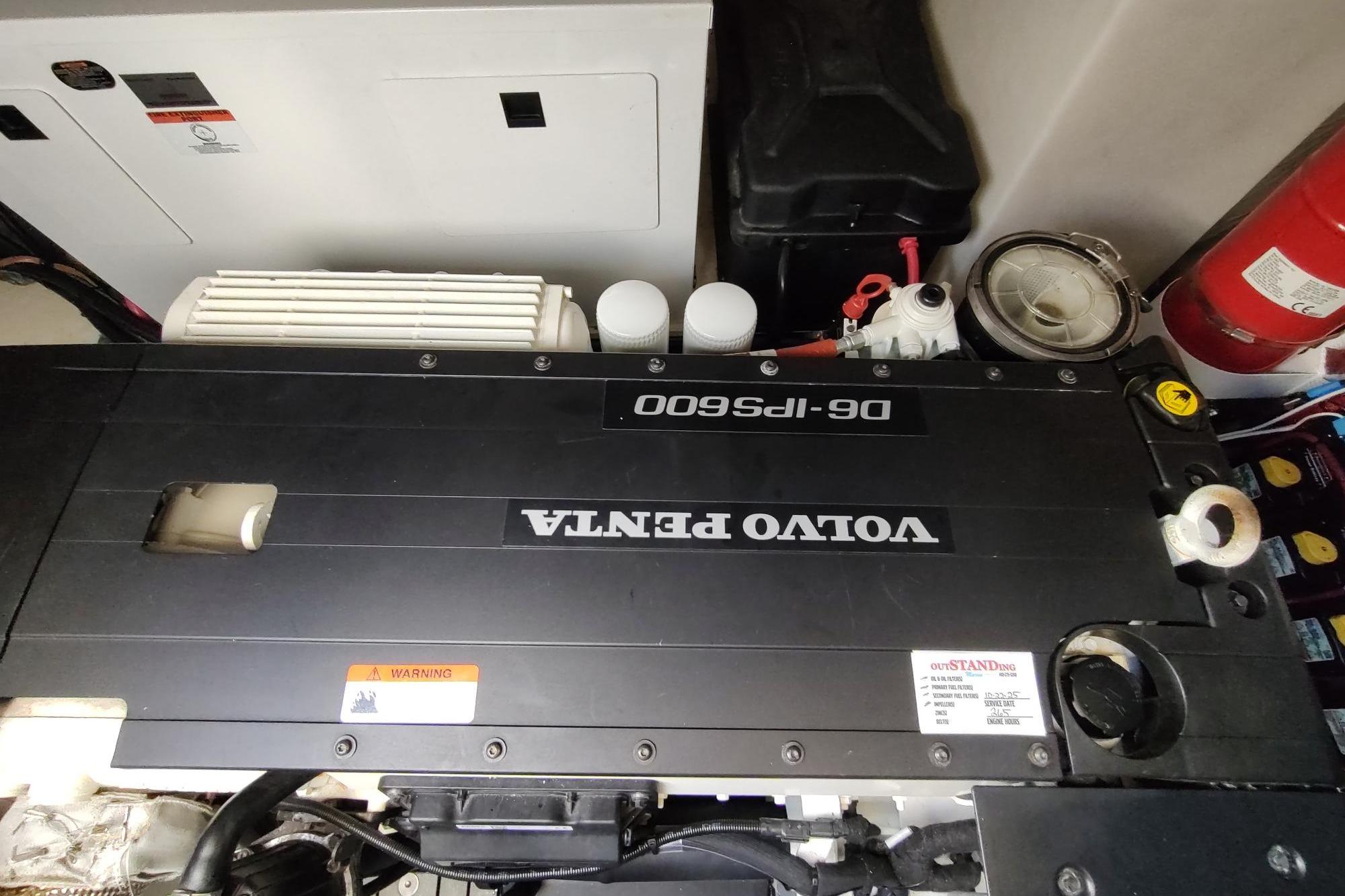 Engine compartment of a 2021 Regal 42 Fly with Volvo Penta D6-IPS600 engine.