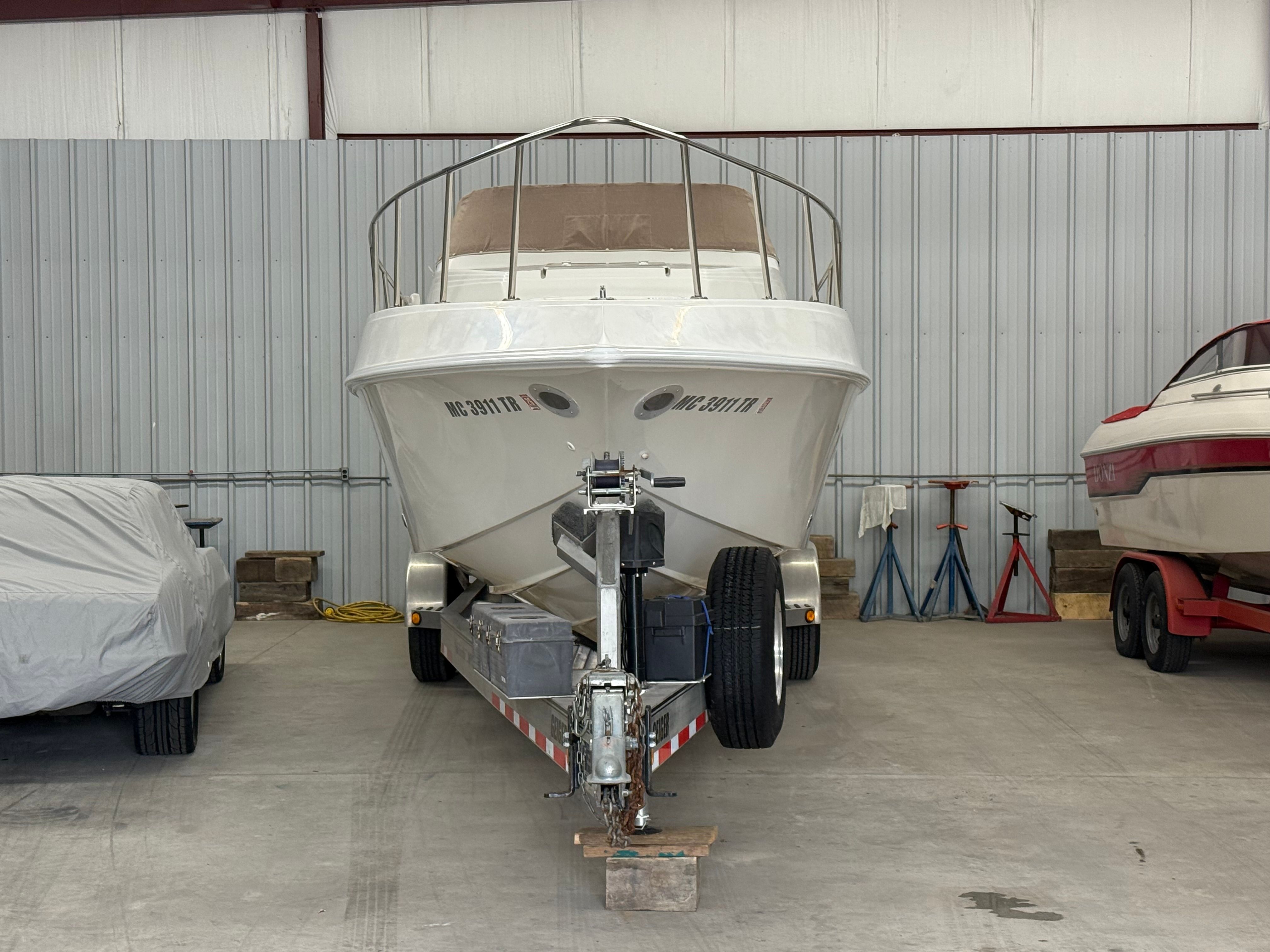 1999 Fountain 32 Sport Fish Cruiser in storage facility.