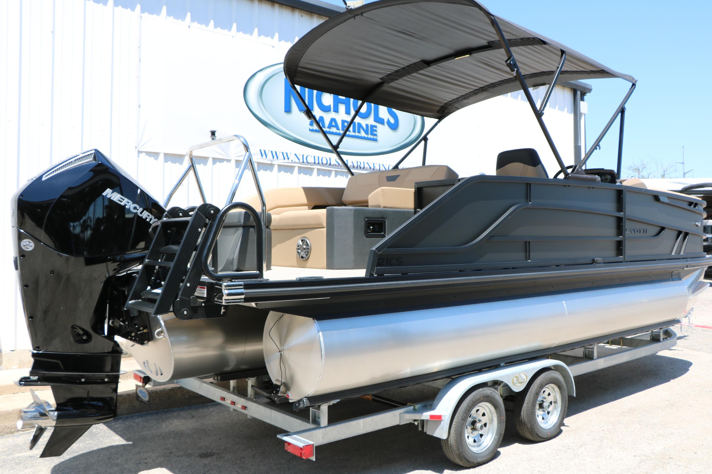 2026 Evotti 521CS pontoon boat with Mercury engine on trailer at Nichols Marine.
