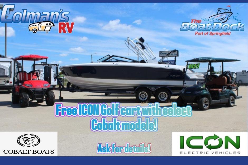 2025 Cobalt CS23 boat with free ICON golf cart offer at Colman's RV.