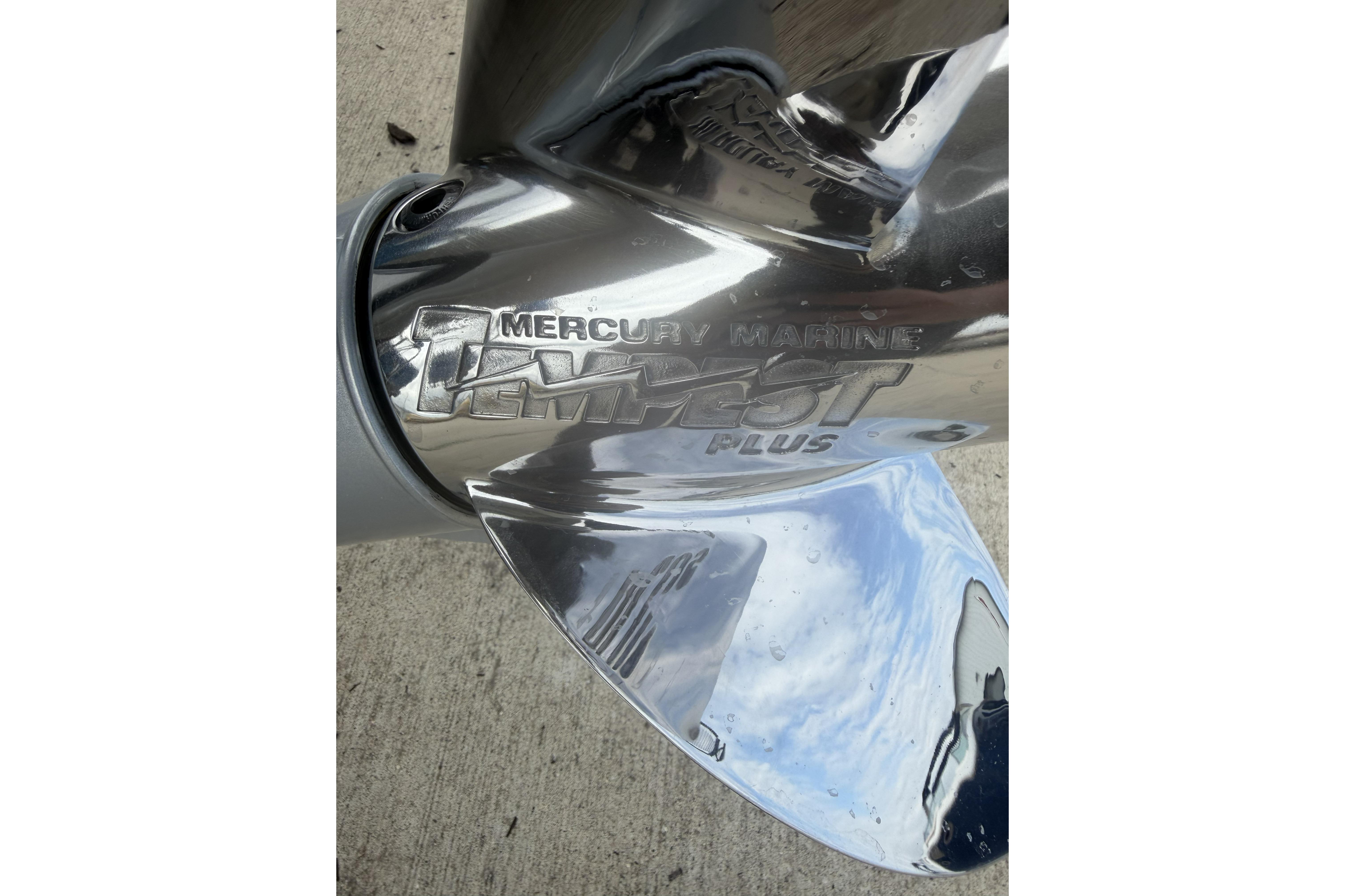 Close-up of a Mercury Marine Tempest Plus propeller on a 2021 Vexus AVX189 boat.