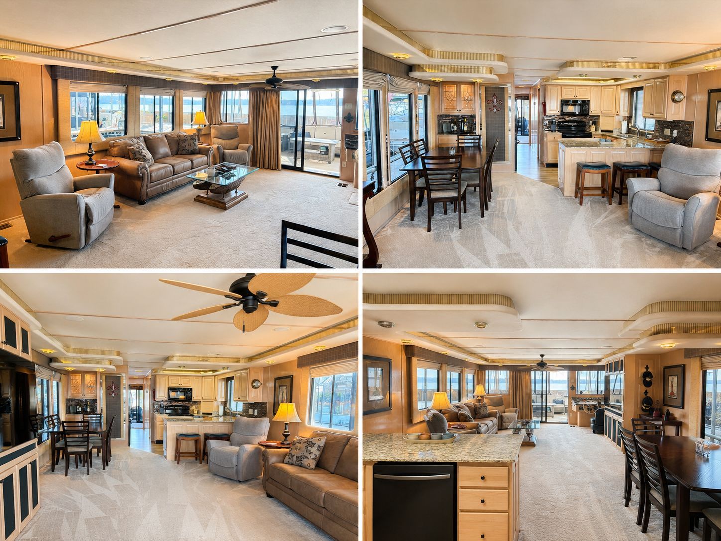 Interior of a luxurious houseboat cabin with living room, kitchen, and dining area.