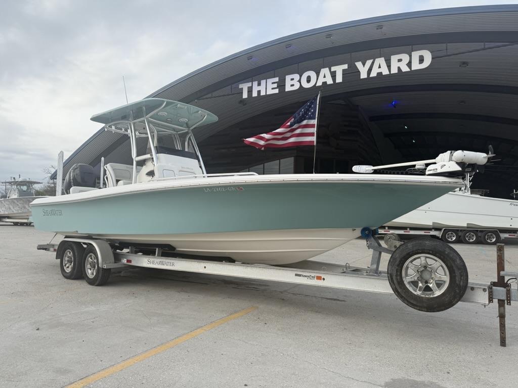 2017 ShearWater 270 Carolina Flare boat on trailer at The Boat Yard.
