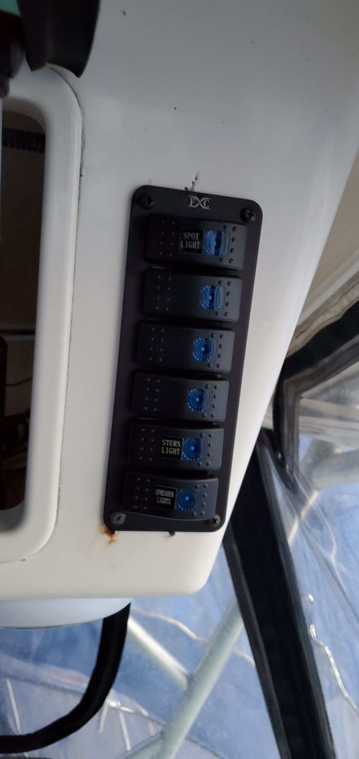 Switch panel on a 2005 Robalo R265 Walkaround boat.