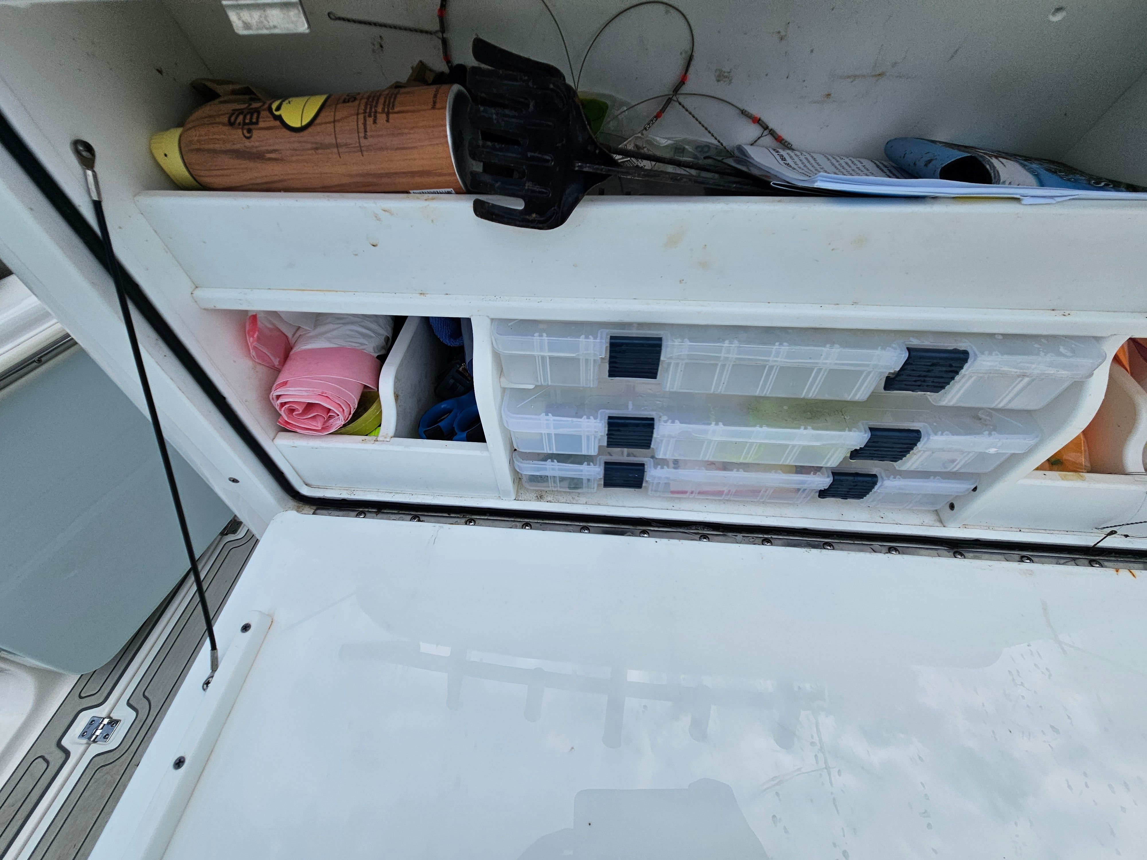 Storage compartment in Sea Fox 288 Commander boat, 2021 model.