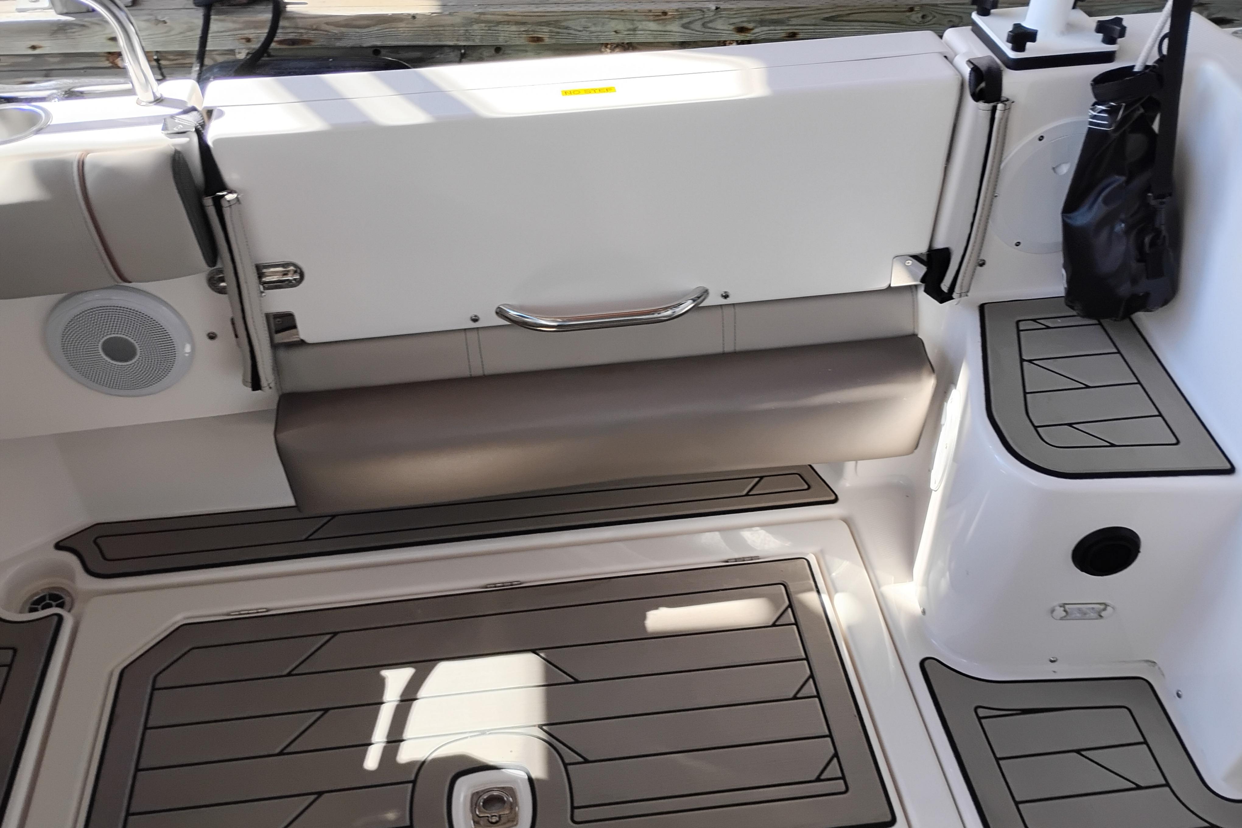 2022 Cutwater C-32 Coupe boat interior with seating and deck details.