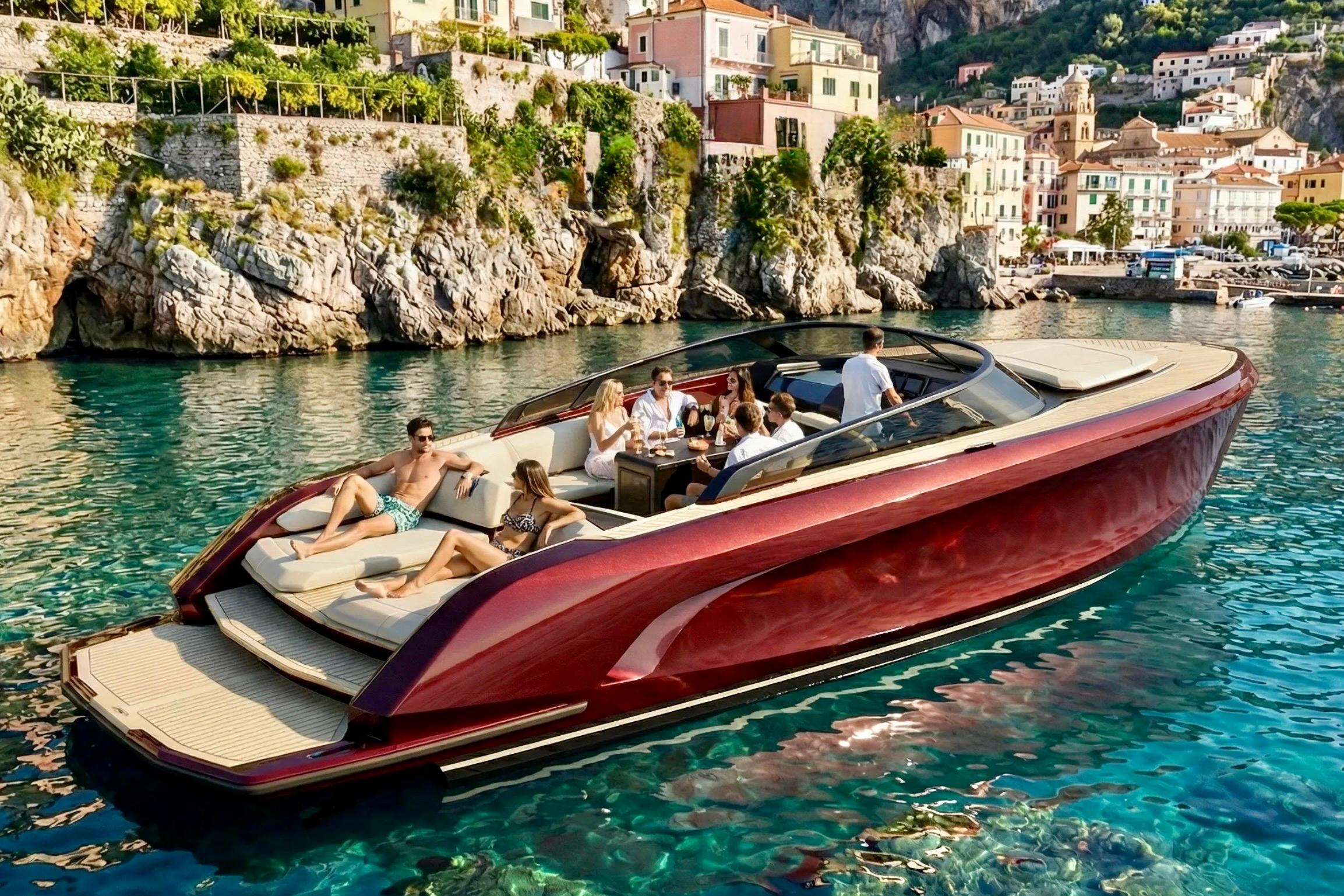 Luxurious Flynt Yachts Revolante 48 cruising near scenic coastal village, 2026 model.