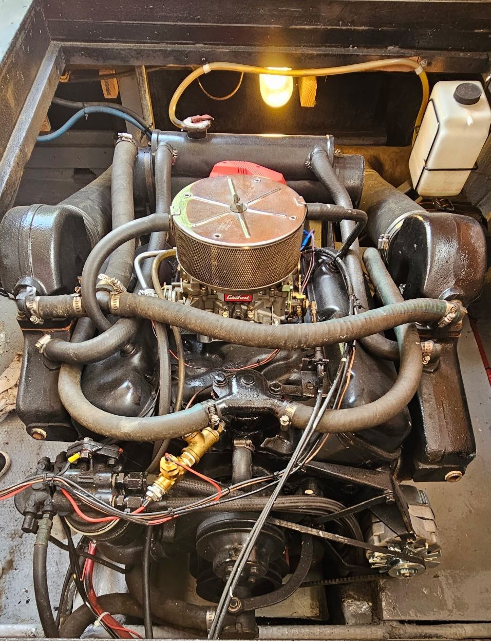 Engine of a 1976 Egg Harbor 33 Sportfisher boat.