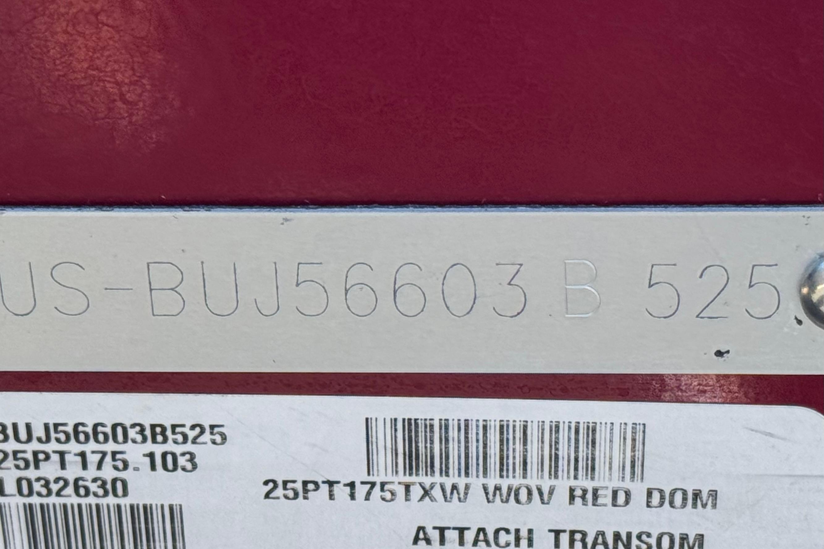 2025 Tracker Pro Team 175 TXW boat identification plate with serial number.