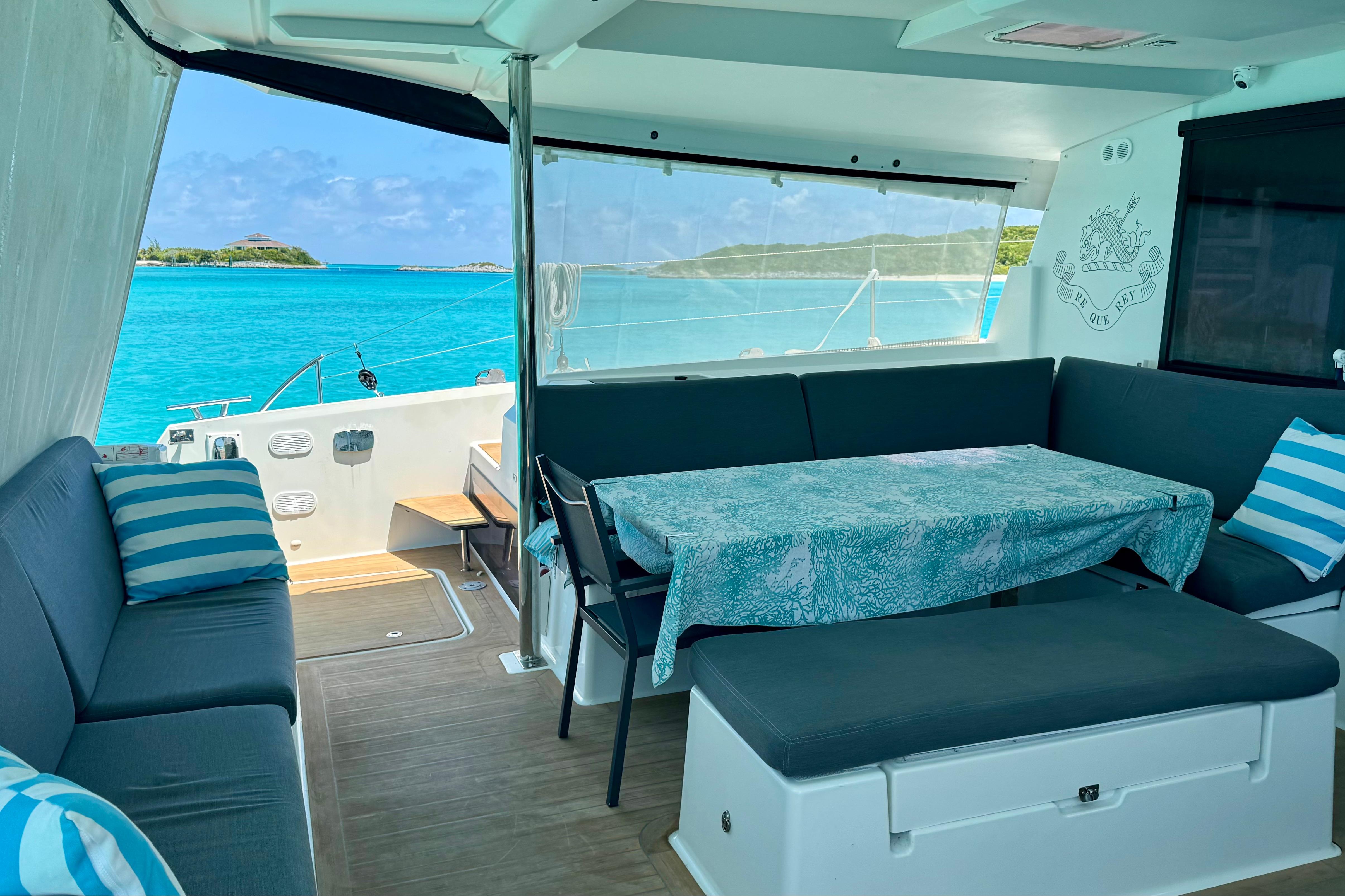 Luxurious interior of 2020 Fountaine Pajot Saona 47 catamaran with ocean view.