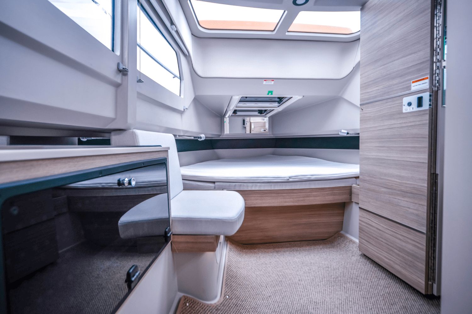 Interior of the 2027 Saxdor SX320 GTO with modern design and comfortable sleeping cabin.