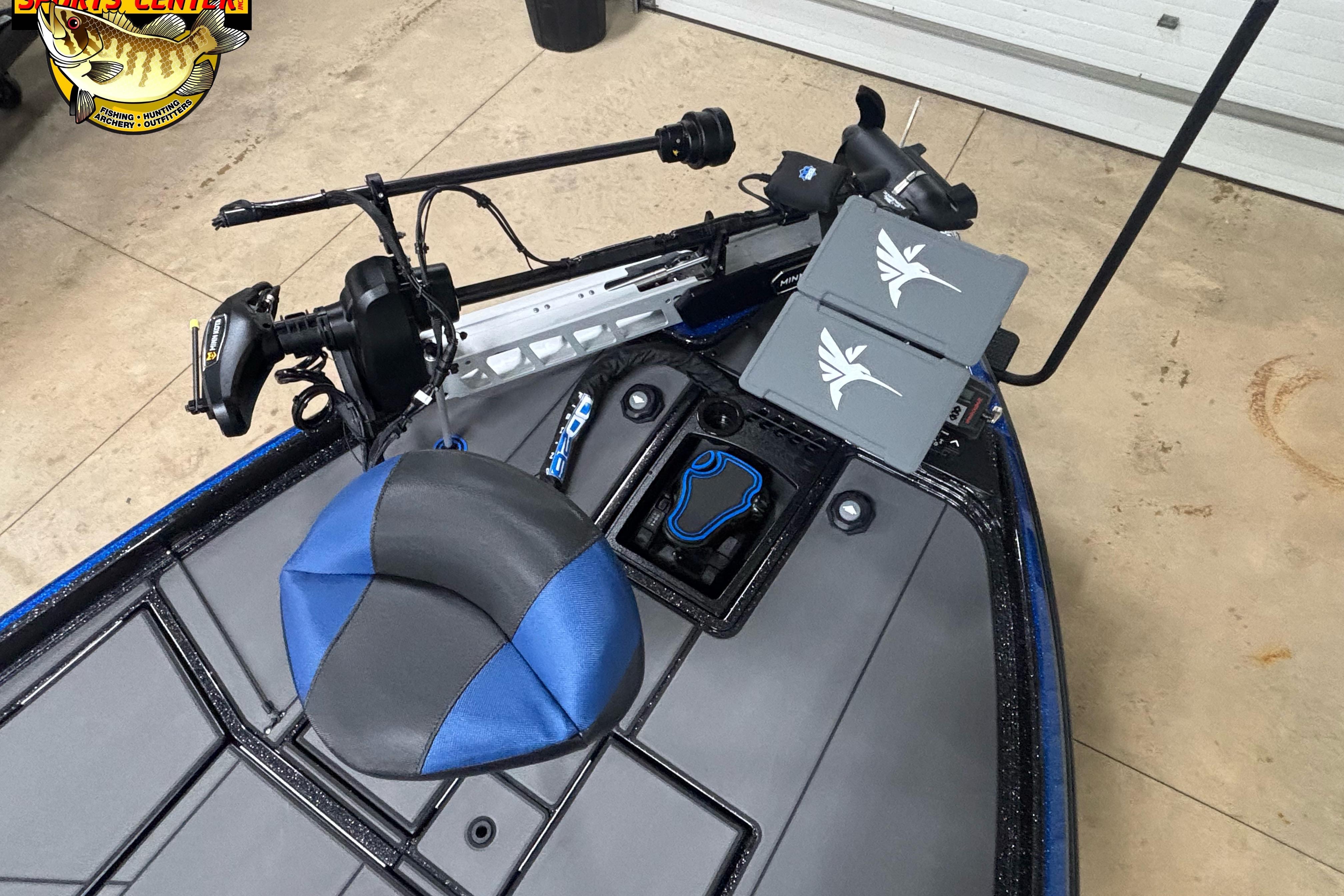 2026 Nitro Z21 XL boat interior with advanced fishing equipment and blue-accented seating.