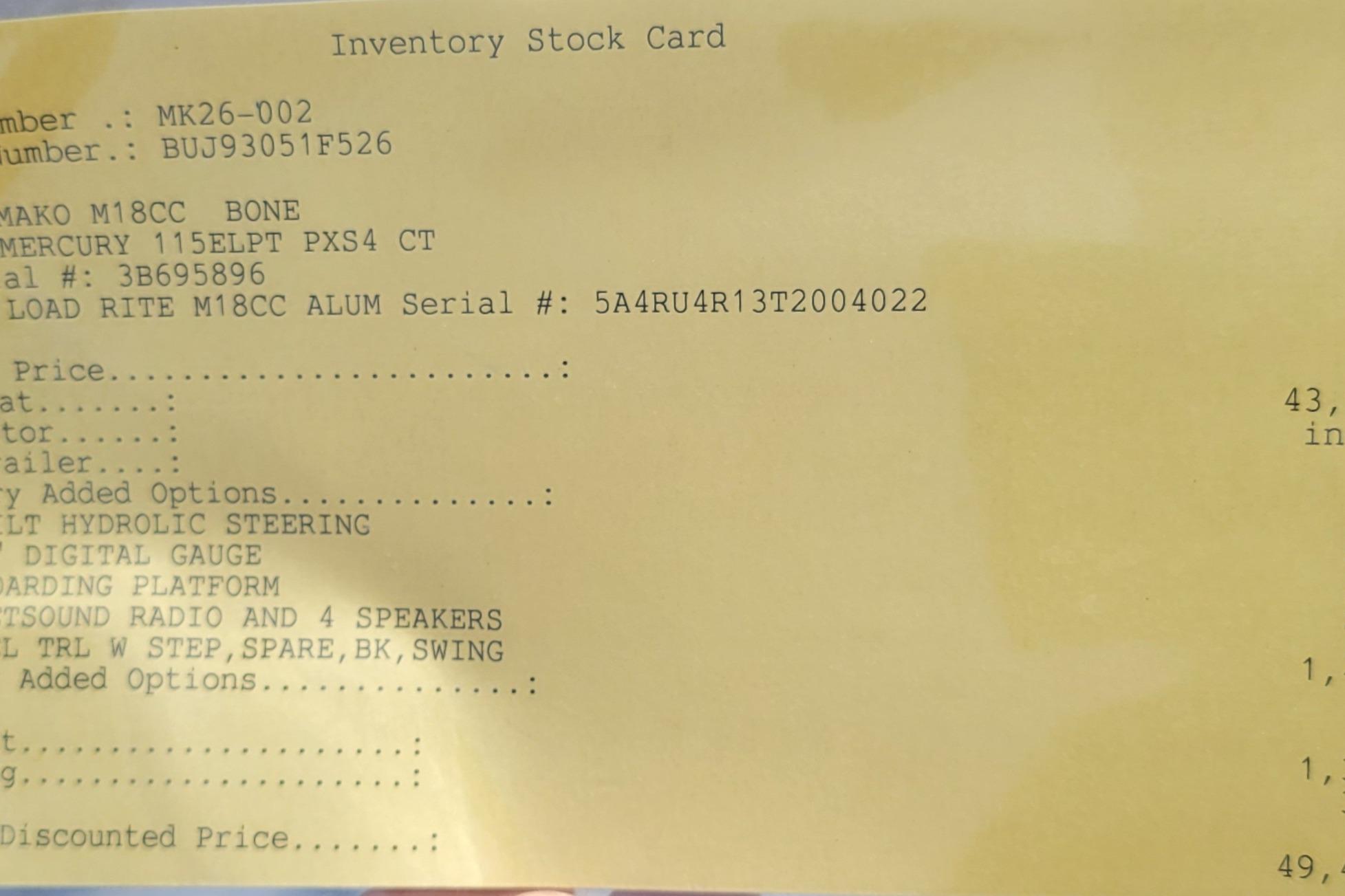 Inventory stock card for 2026 Mako 18 Pro Skiff boat with detailed specifications.