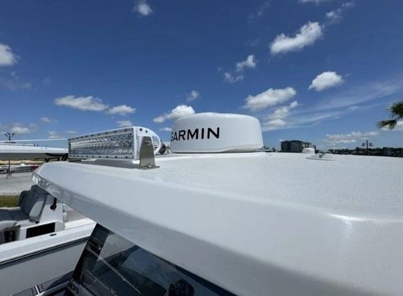 Garmin radar on Fountain 38 Tournament Edition 2023 under blue sky.