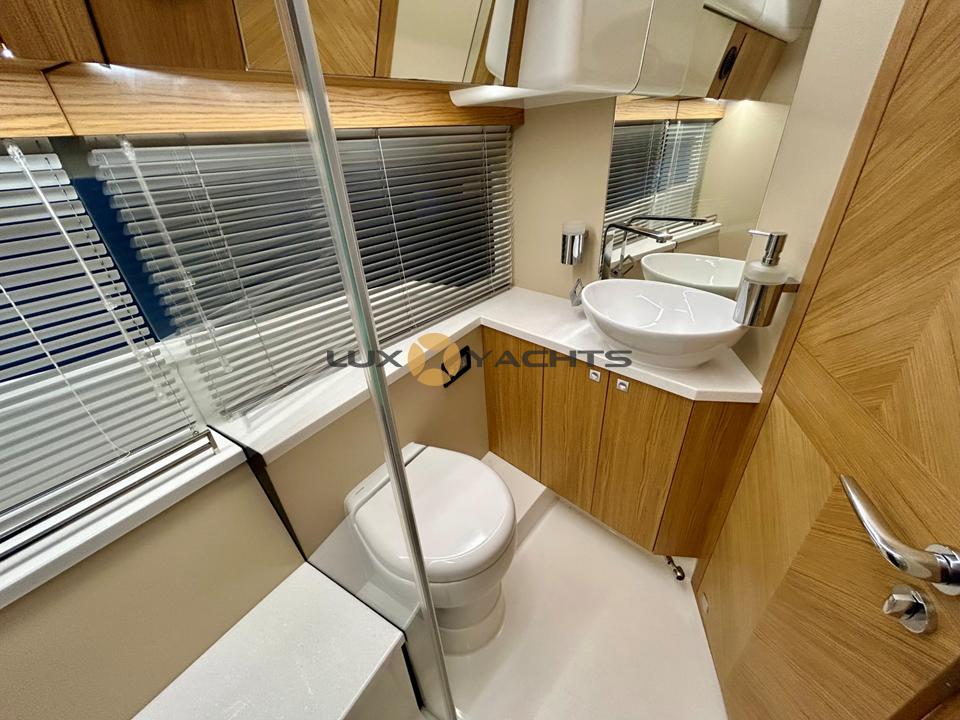 Luxurious bathroom interior on 2021 Galeon 400 Fly yacht with modern fixtures.