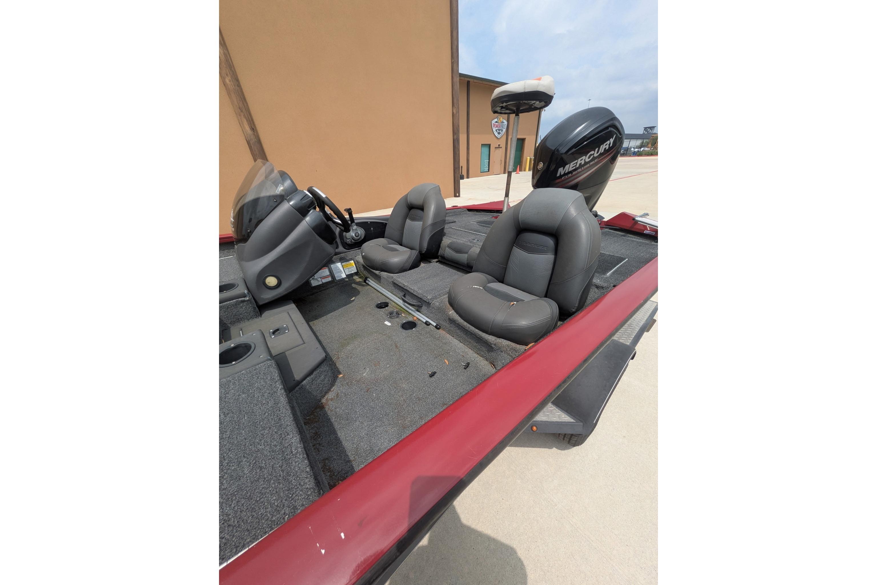 2019 Tracker Pro Team 190 boat interior with seats and Mercury engine.