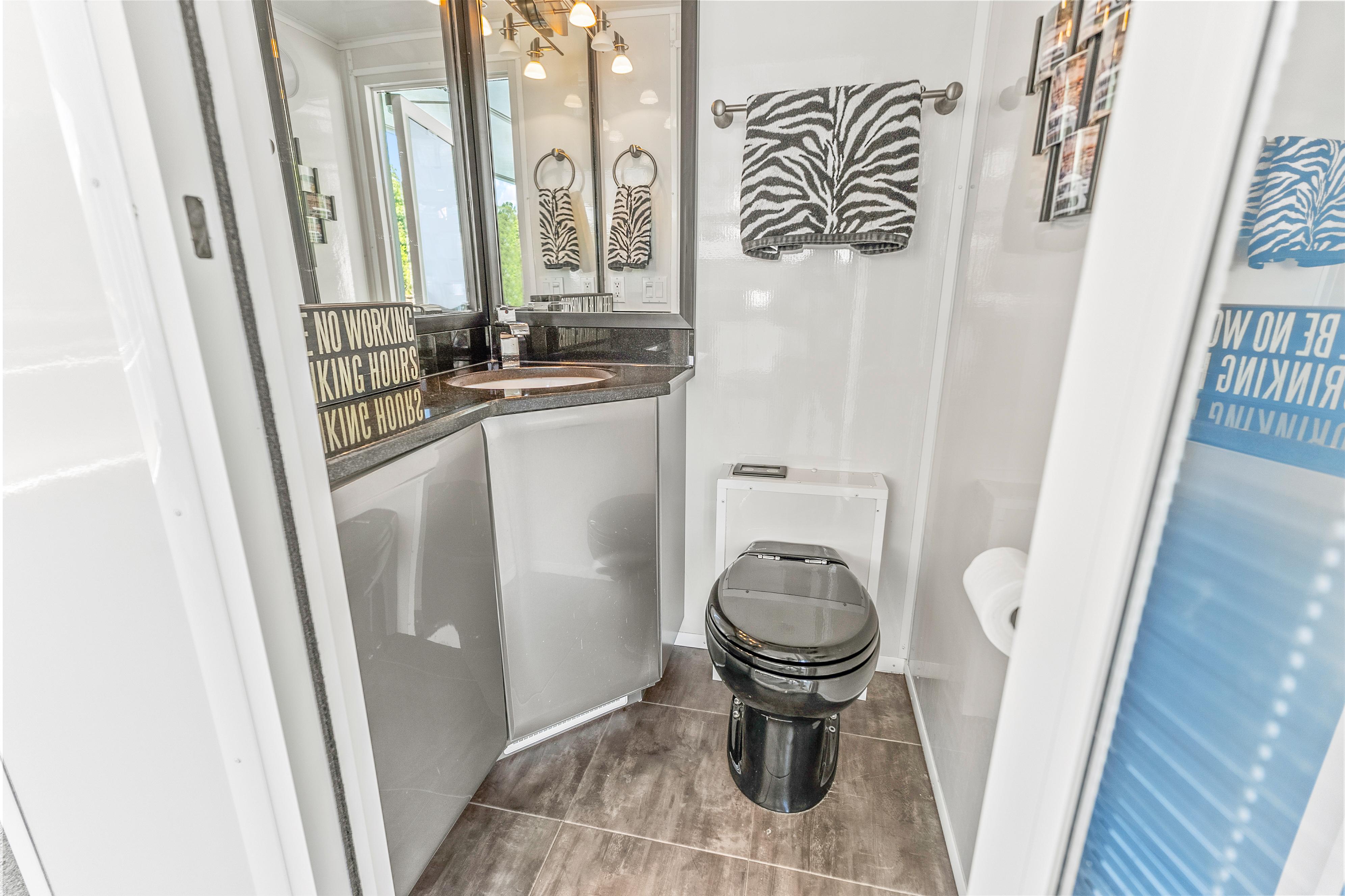 Modern bathroom in 2009 Sumerset houseboat with zebra print decor and sleek fixtures.