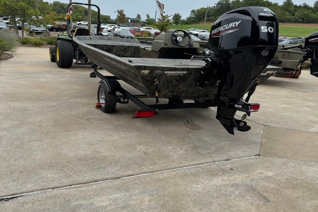 2026 Tracker Grizzly 1648 SC boat with Mercury 50 engine on trailer.