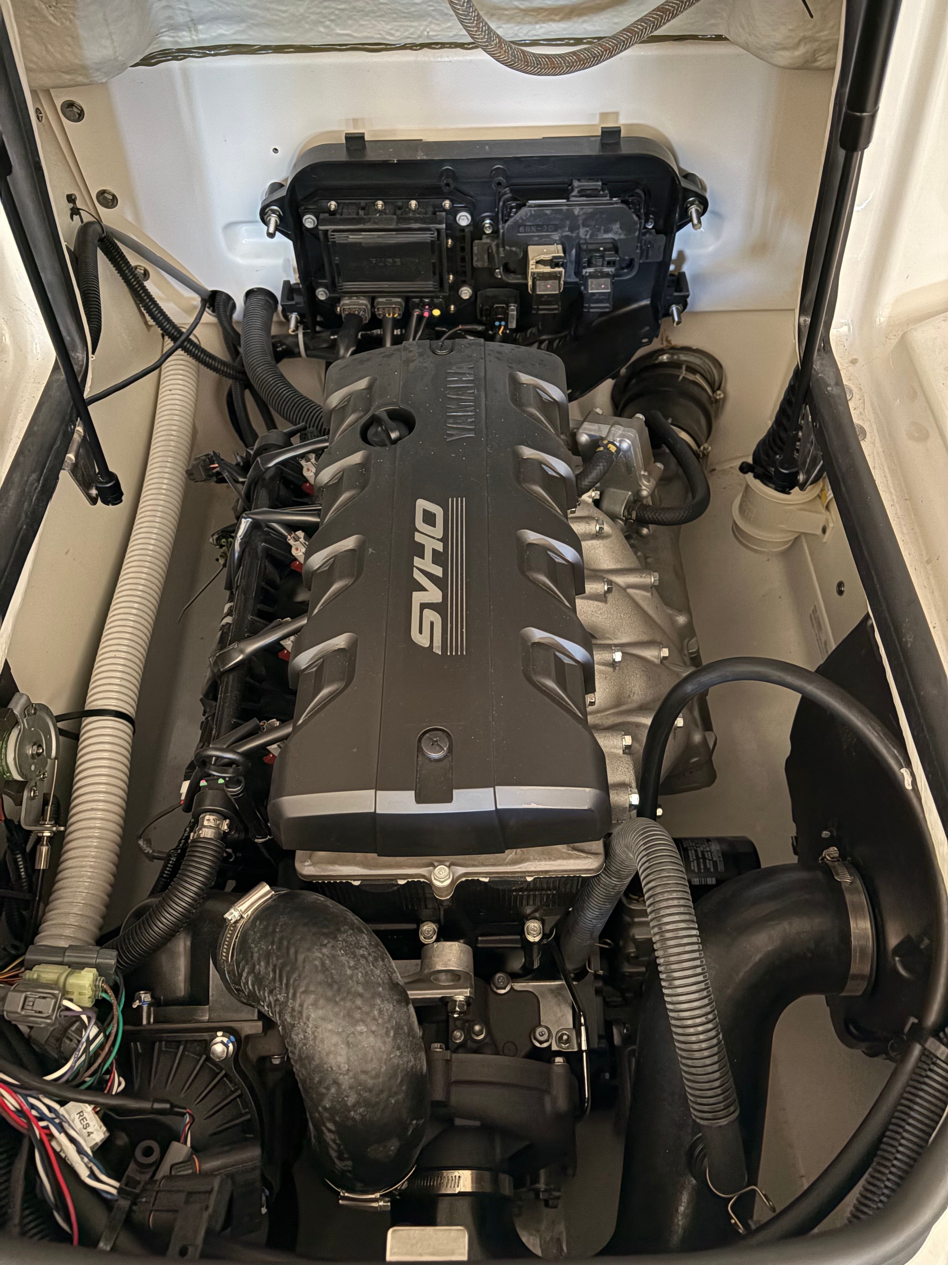 Engine compartment of a Yamaha AR195 boat featuring an SVHO engine.