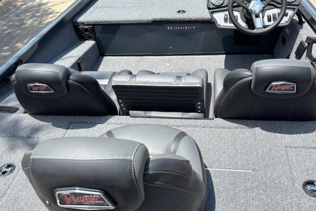 2026 Ranger RT188 boat interior with gray seating and steering console.