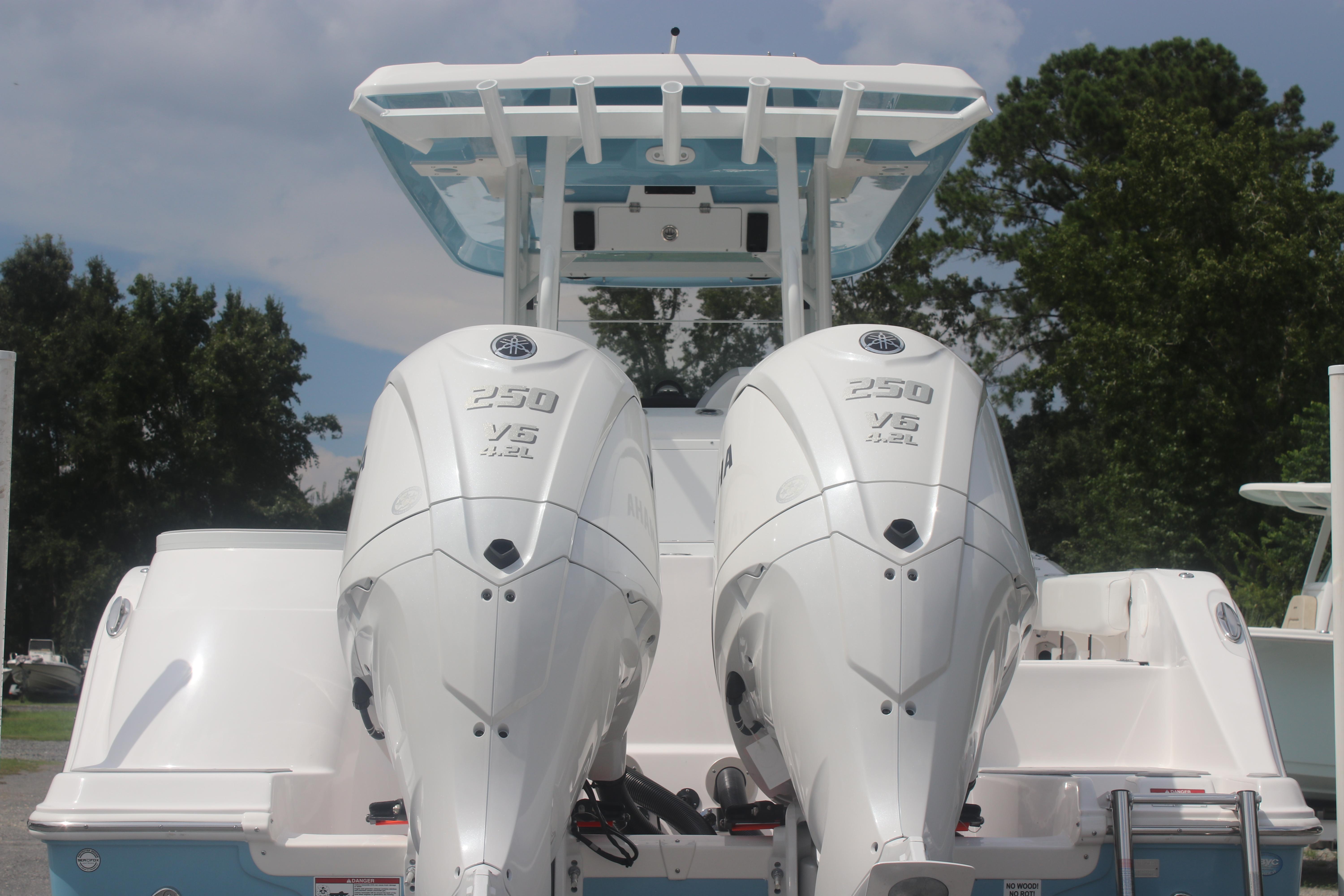 2026 Sea Fox 288 Commander with twin Yamaha 250 V6 outboard engines.
