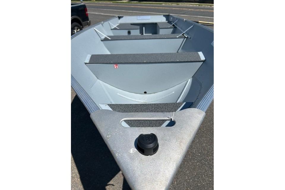 2027 Lund WC 16 boat interior, featuring gray seating and spacious layout.